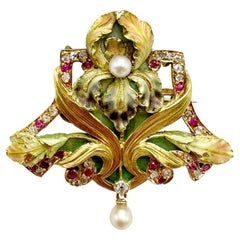 Antique Art Nouveau Gold, Enamel and Gem-Set Brooch/Pendant, Circa 1900