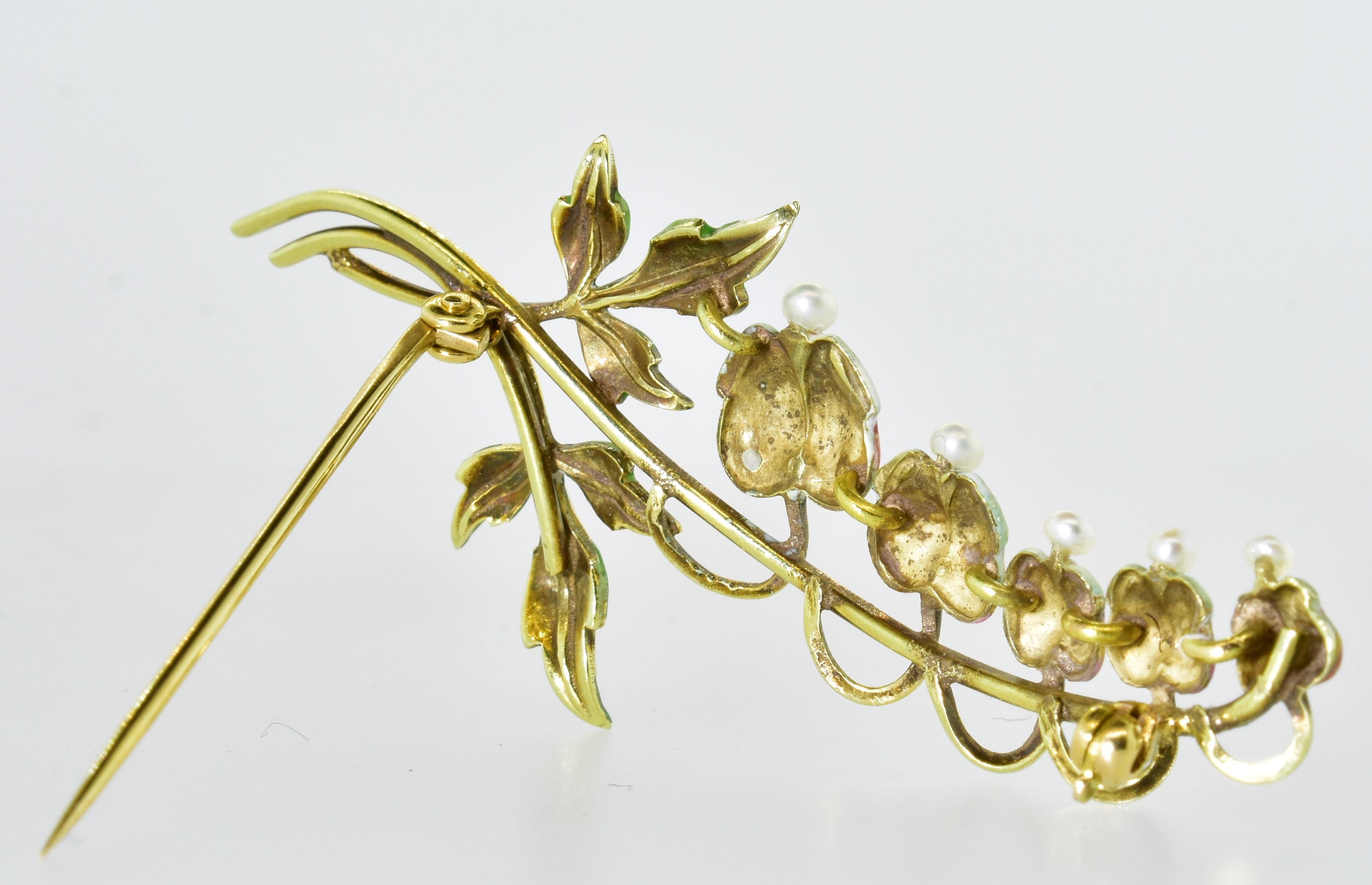 Art Nouveau Gold, Enamel and Natural Seed Pearls Pin, circa 1900 3