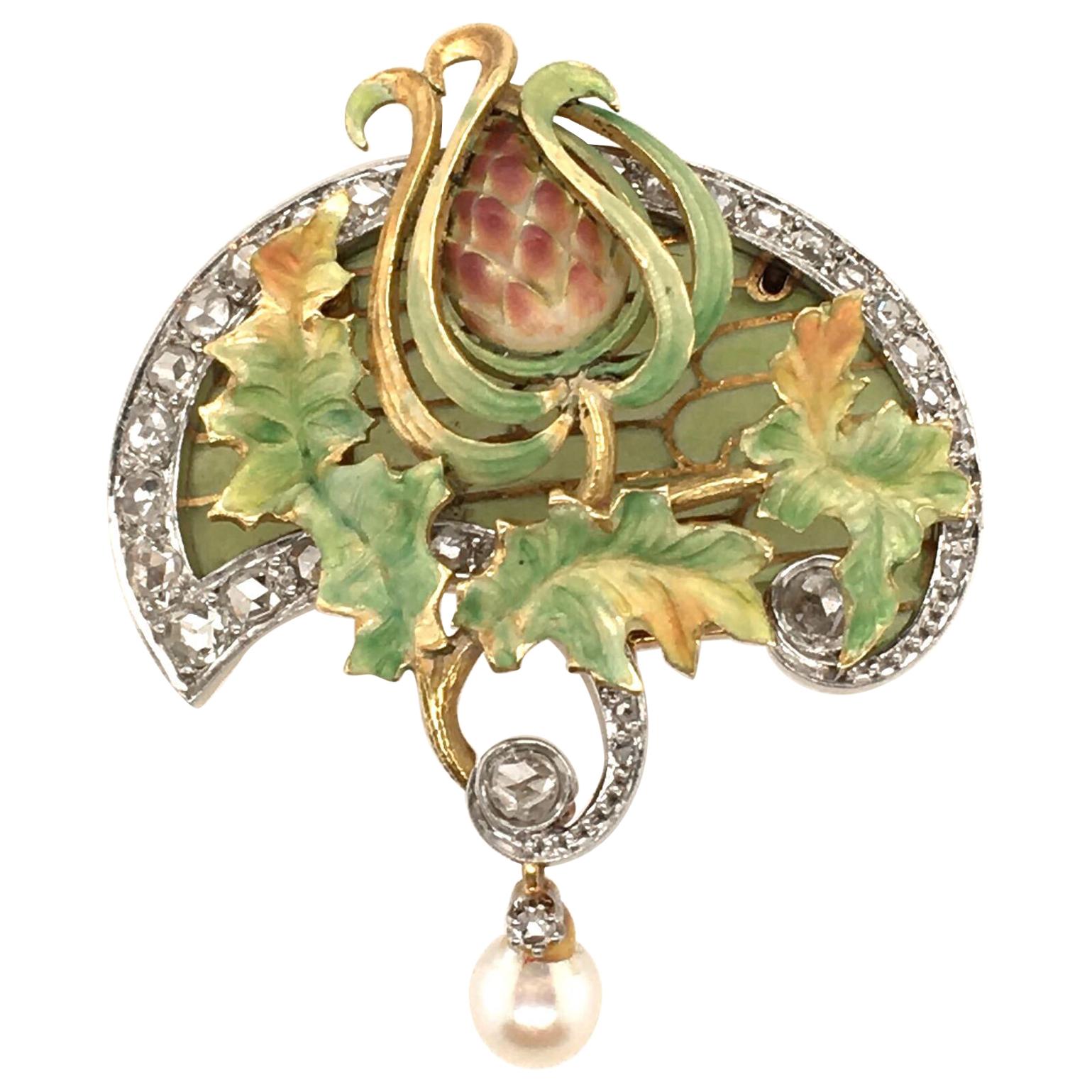 Art Nouveau Gold, Enamel and Pearl Brooch