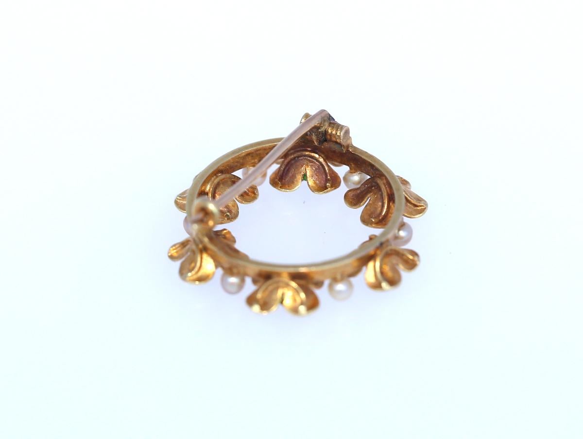 Women's Art Nouveau Gold Enamel Peridot Pearls Flower Brooch, 1920