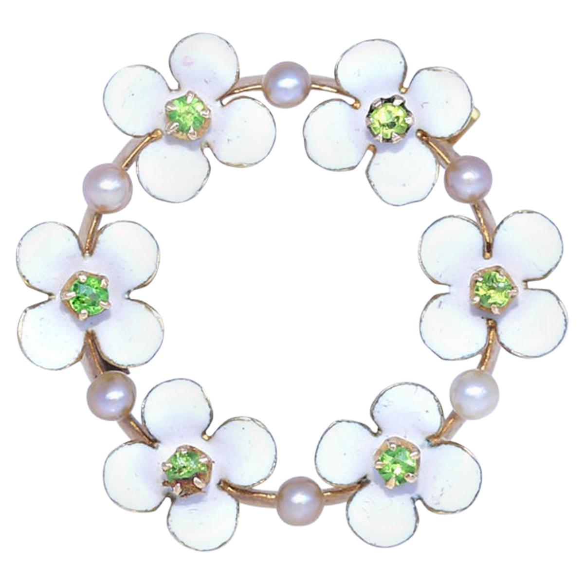 Art Nouveau Gold Enamel Peridot Pearls Flower Brooch, 1920