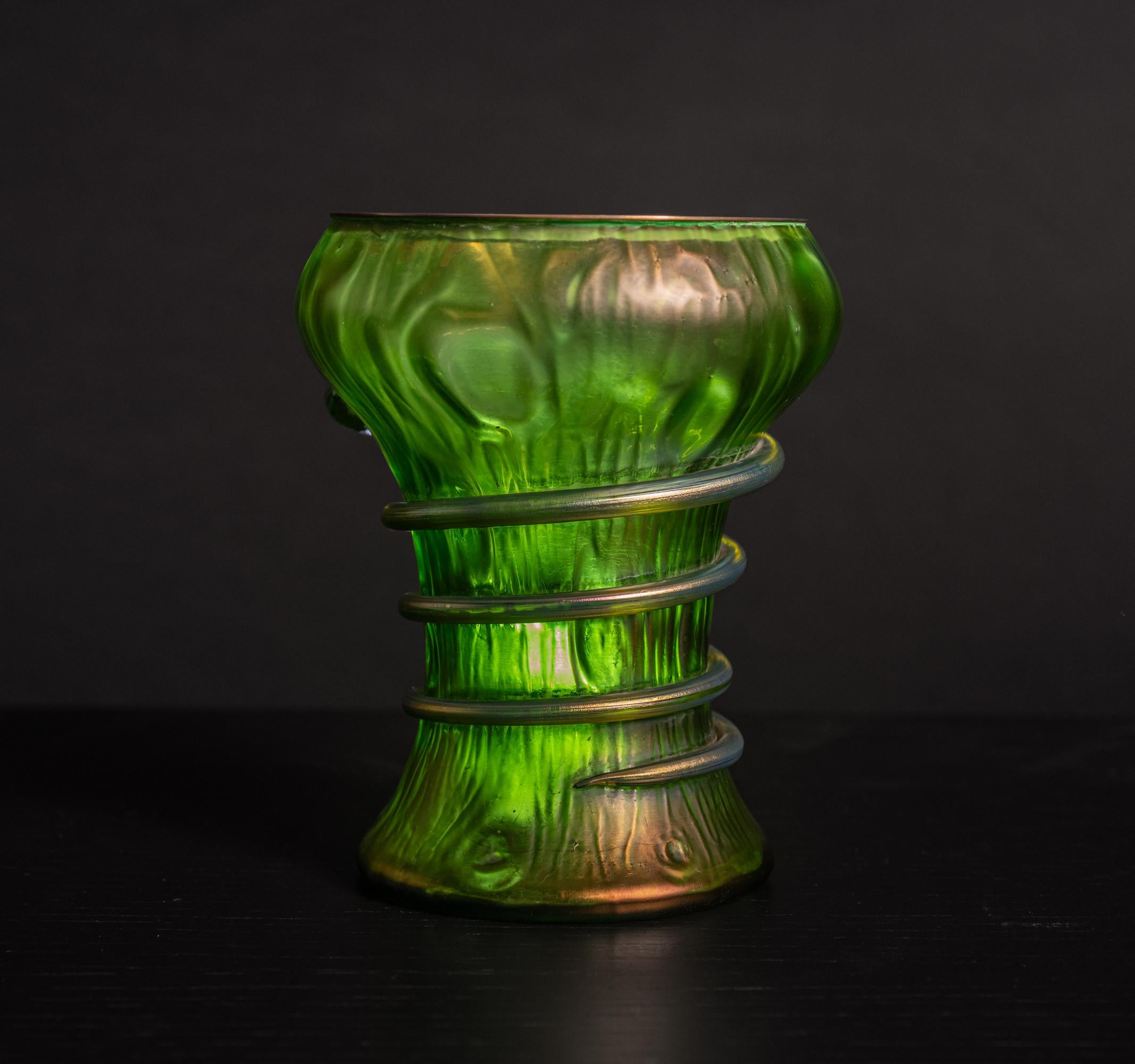 Austrian Art Nouveau Gold & Green Glass Snake Vase by Johann Loetz Witwe For Sale