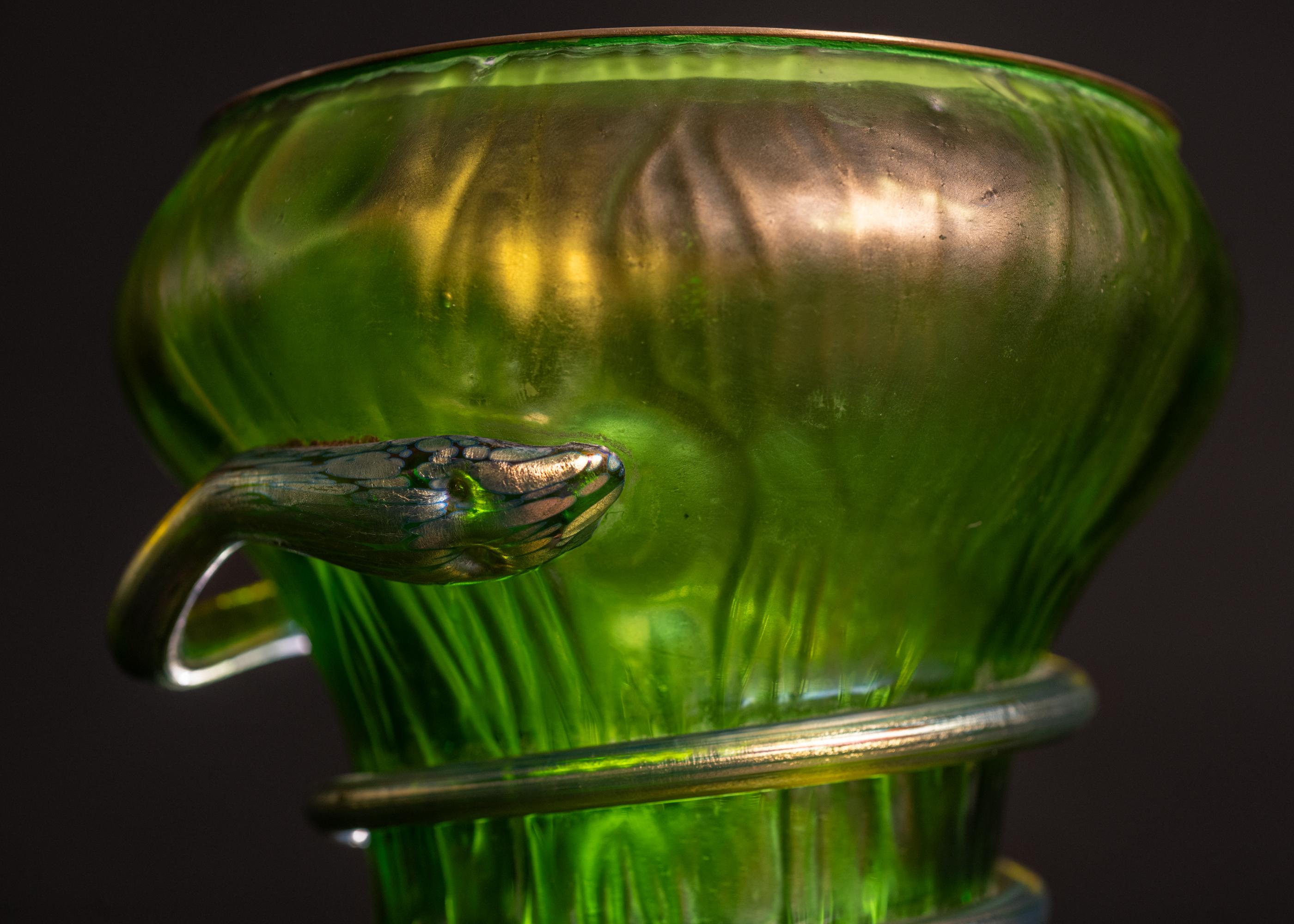 Early 20th Century Art Nouveau Gold & Green Glass Snake Vase by Johann Loetz Witwe For Sale