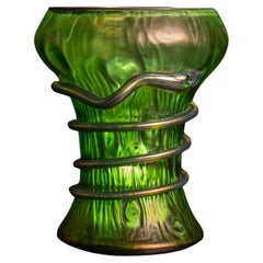 Antique Art Nouveau Gold & Green Glass Snake Vase by Johann Loetz Witwe