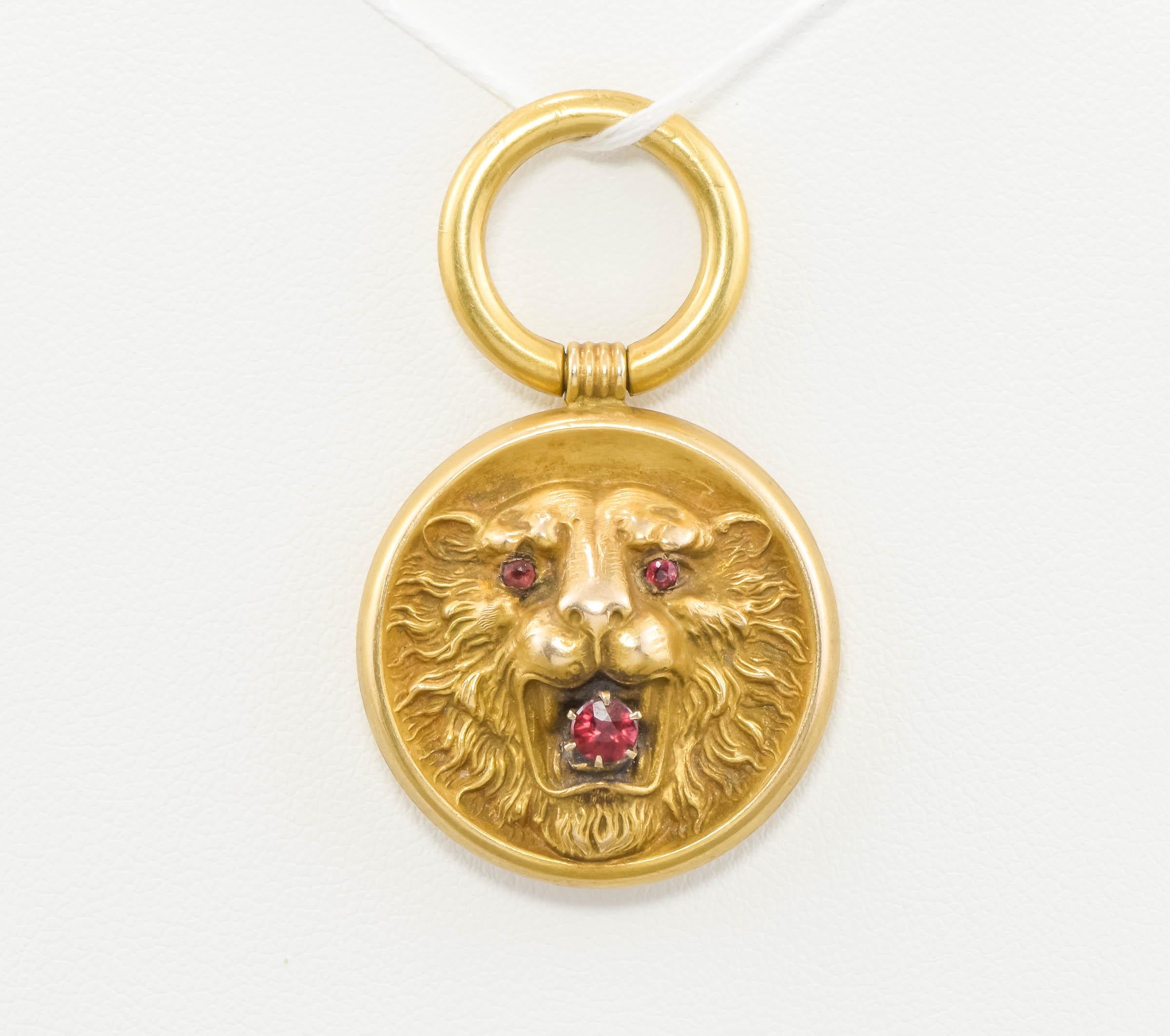 Art Nouveau Gold Lion Fob Pendant with Garnets 6