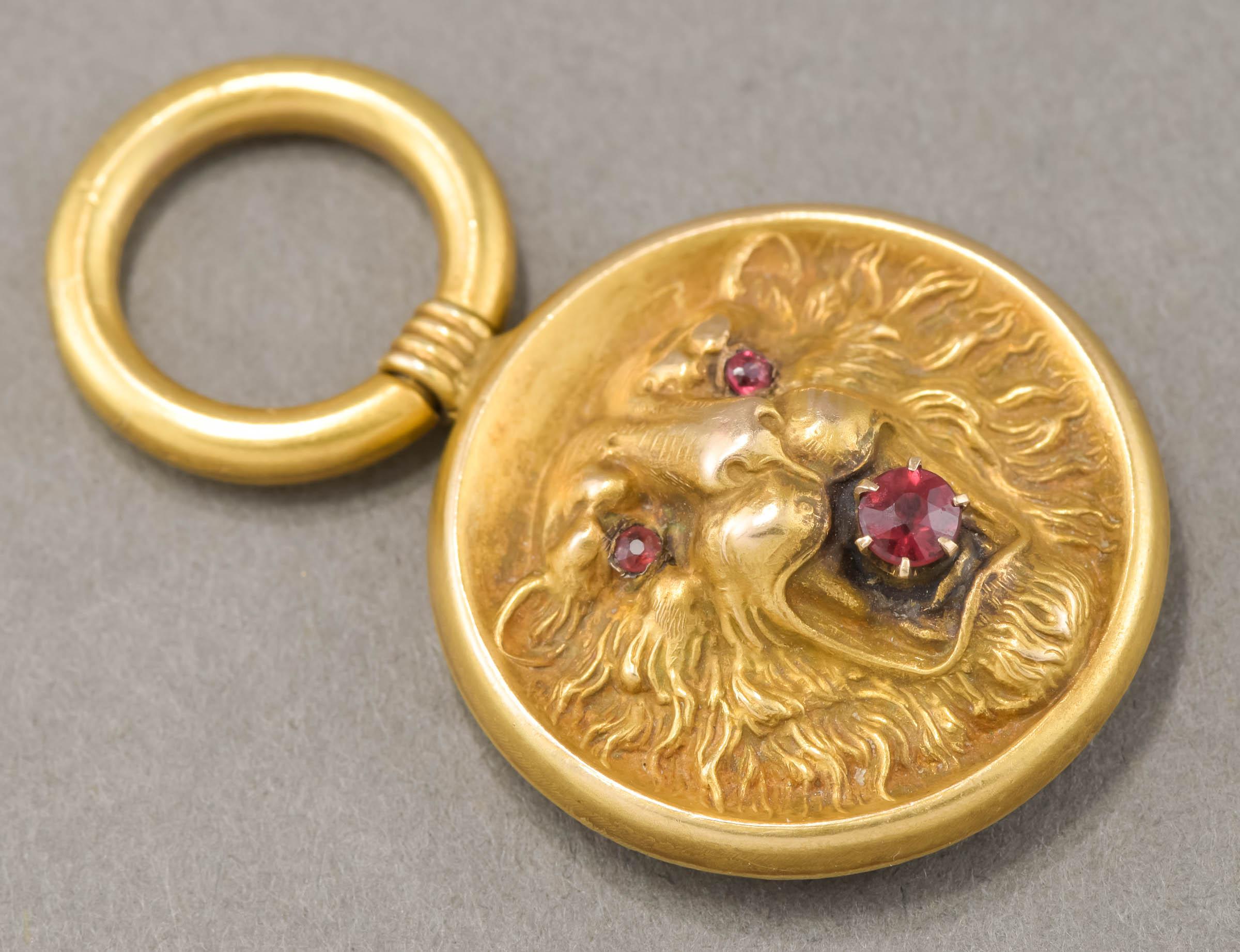 Art Nouveau Gold Lion Fob Pendant with Garnets In Good Condition In Danvers, MA