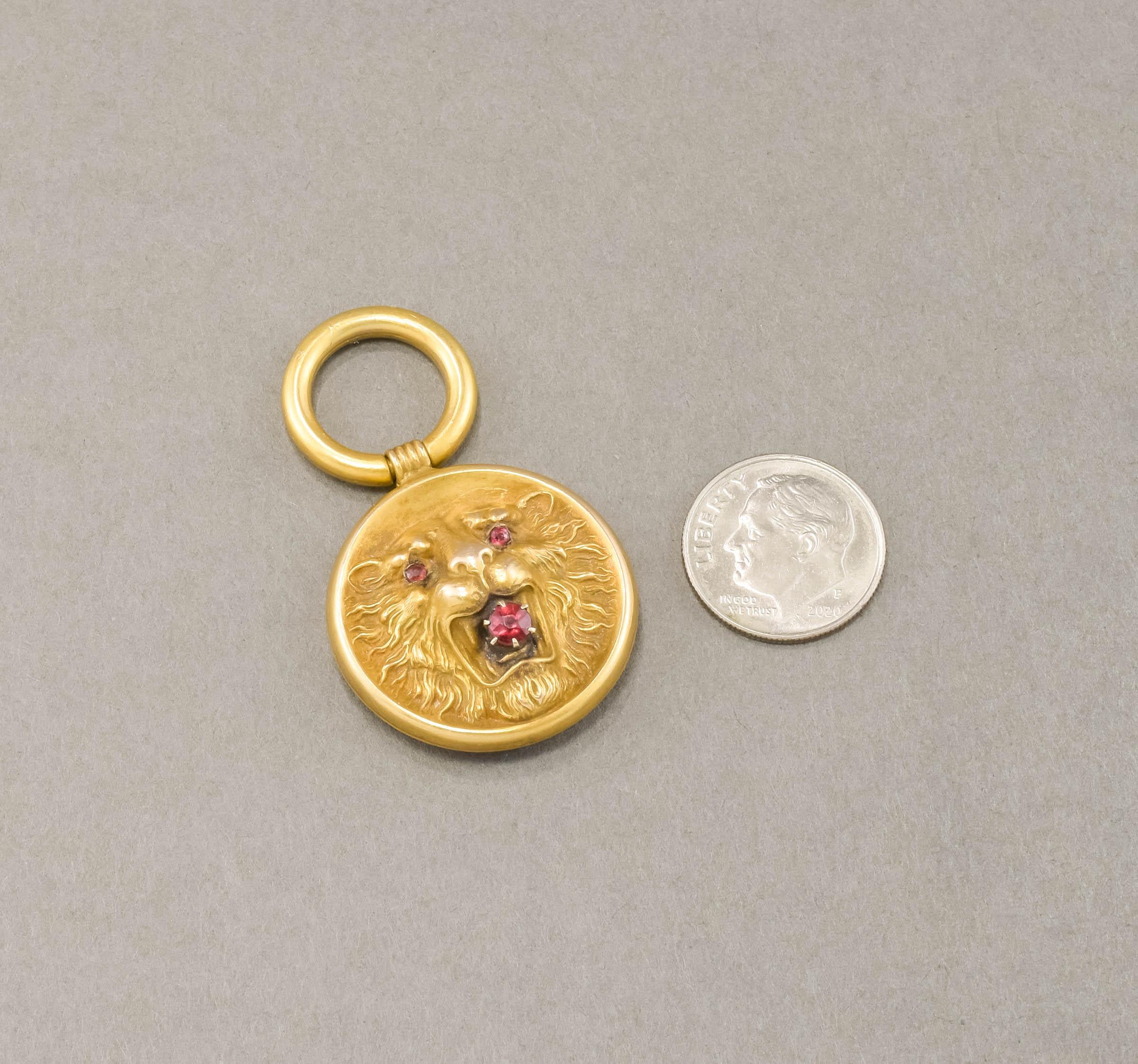 Art Nouveau Gold Lion Fob Pendant with Garnets 2
