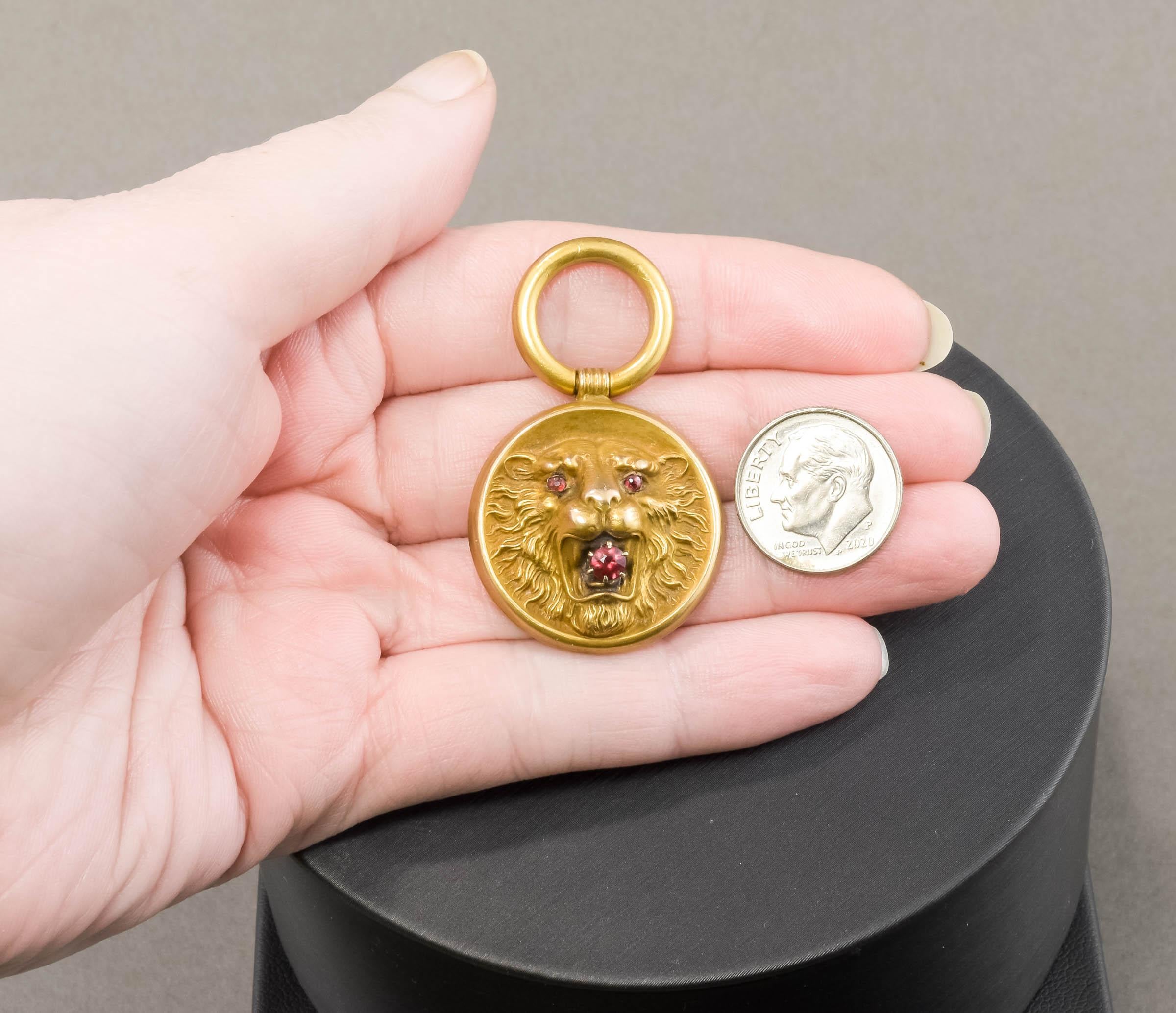 Art Nouveau Gold Lion Fob Pendant with Garnets 4