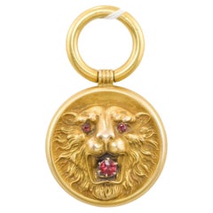Antique Art Nouveau Gold Lion Fob Pendant with Garnets