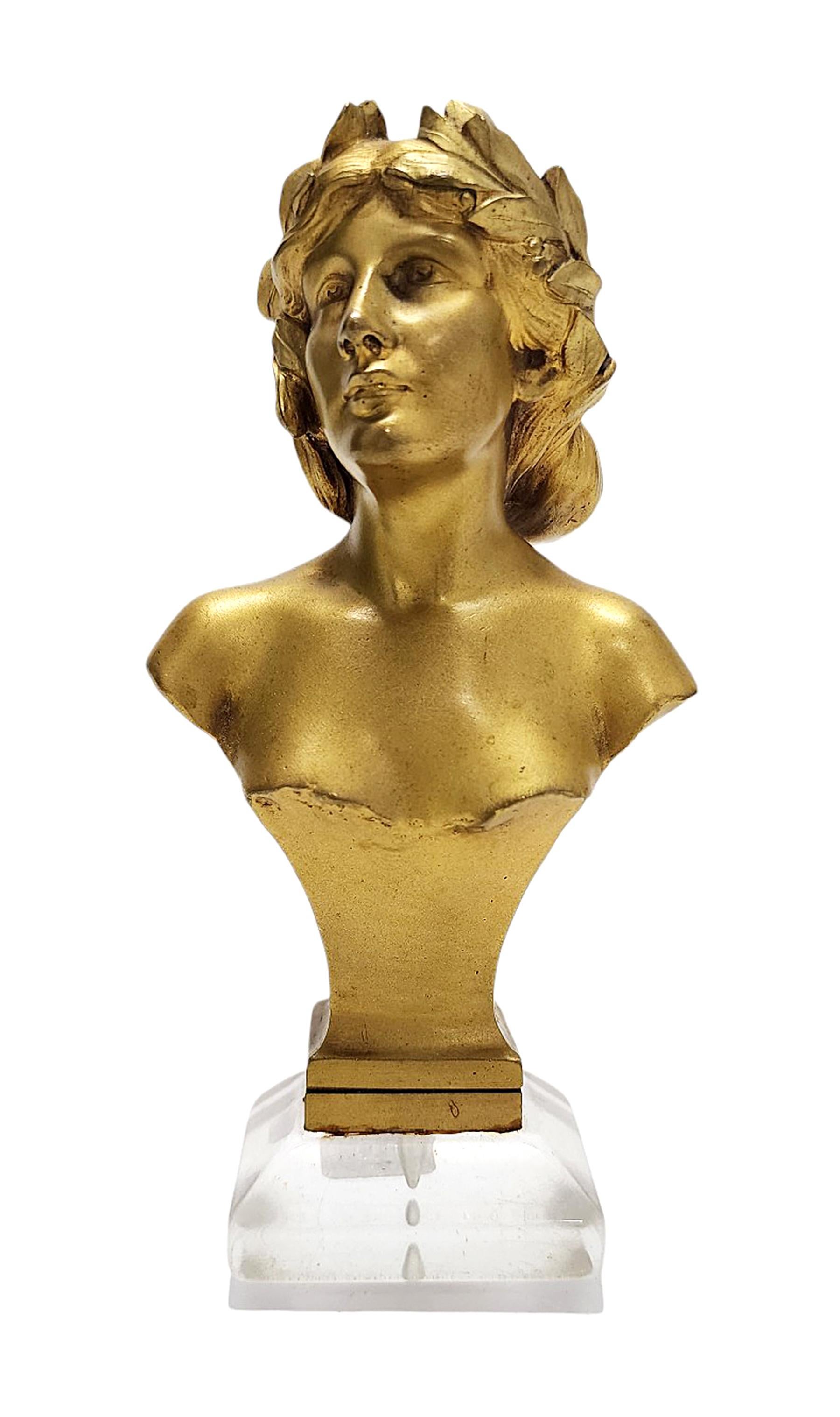 Buste en bronze patiné doré Art Nouveau, modèle/sceau avec base en plastique 