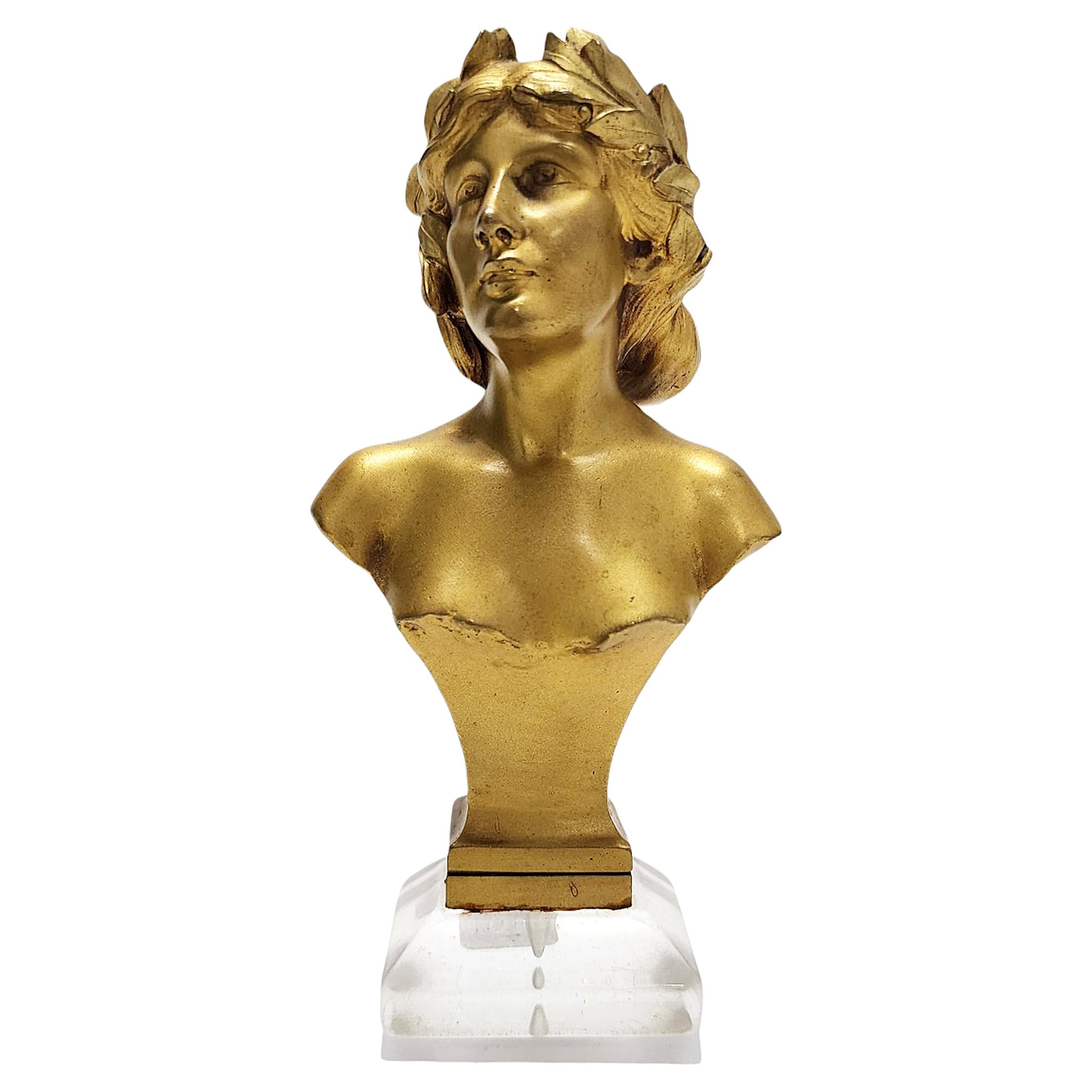 Art Nouveau Gold-patinierte Bronzebüste Modell 'La Poésie' Signiert Lecci, Frankreich
