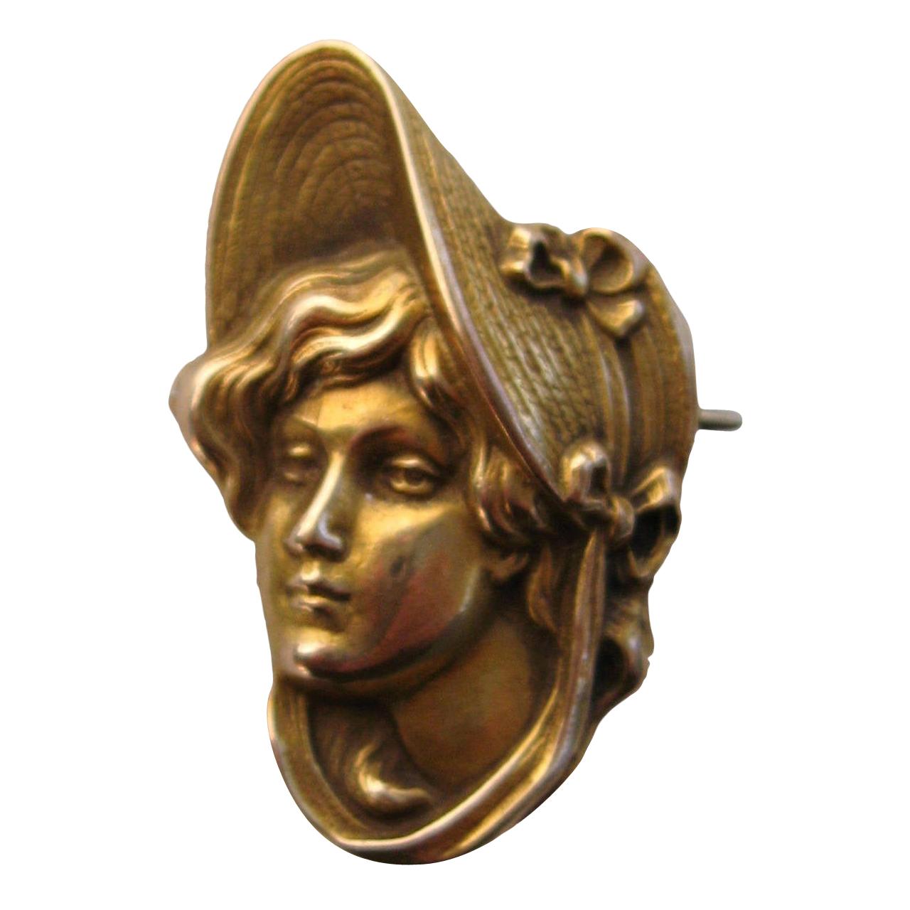 Art Nouveau Gold Portrait Brooch Pin Pendant 1900s