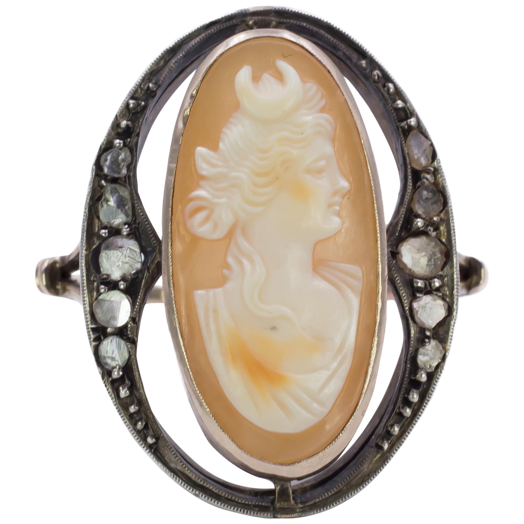 Art Nouveau Gold, Silver, Diamond and Cameo Ring For Sale