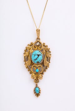 Art Nouveau Gold Turquoise and Diamond Necklace