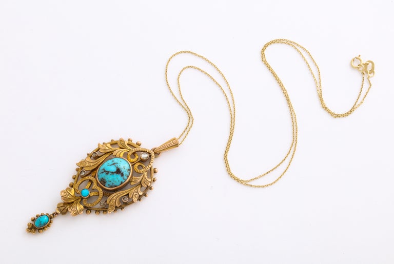 Art Nouveau Gold Turquoise and Diamond Necklace In Excellent Condition For Sale In Stamford, CT