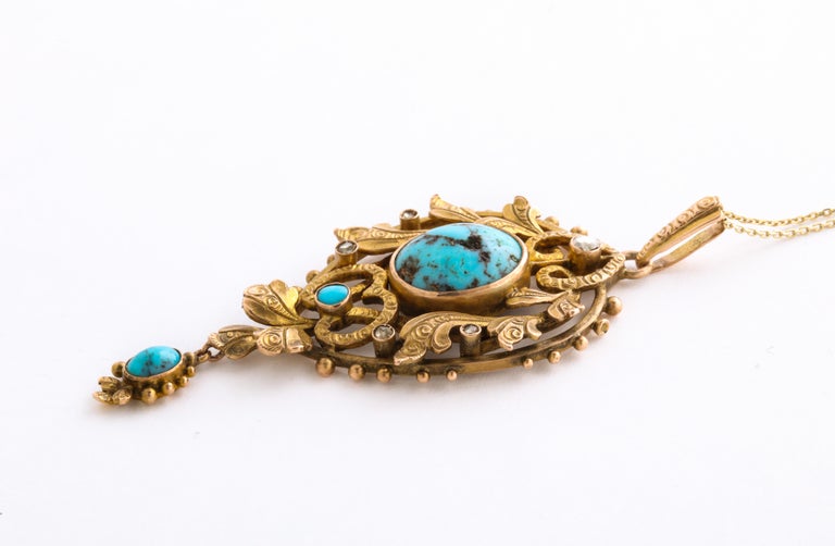 Women's Art Nouveau Gold Turquoise and Diamond Necklace For Sale