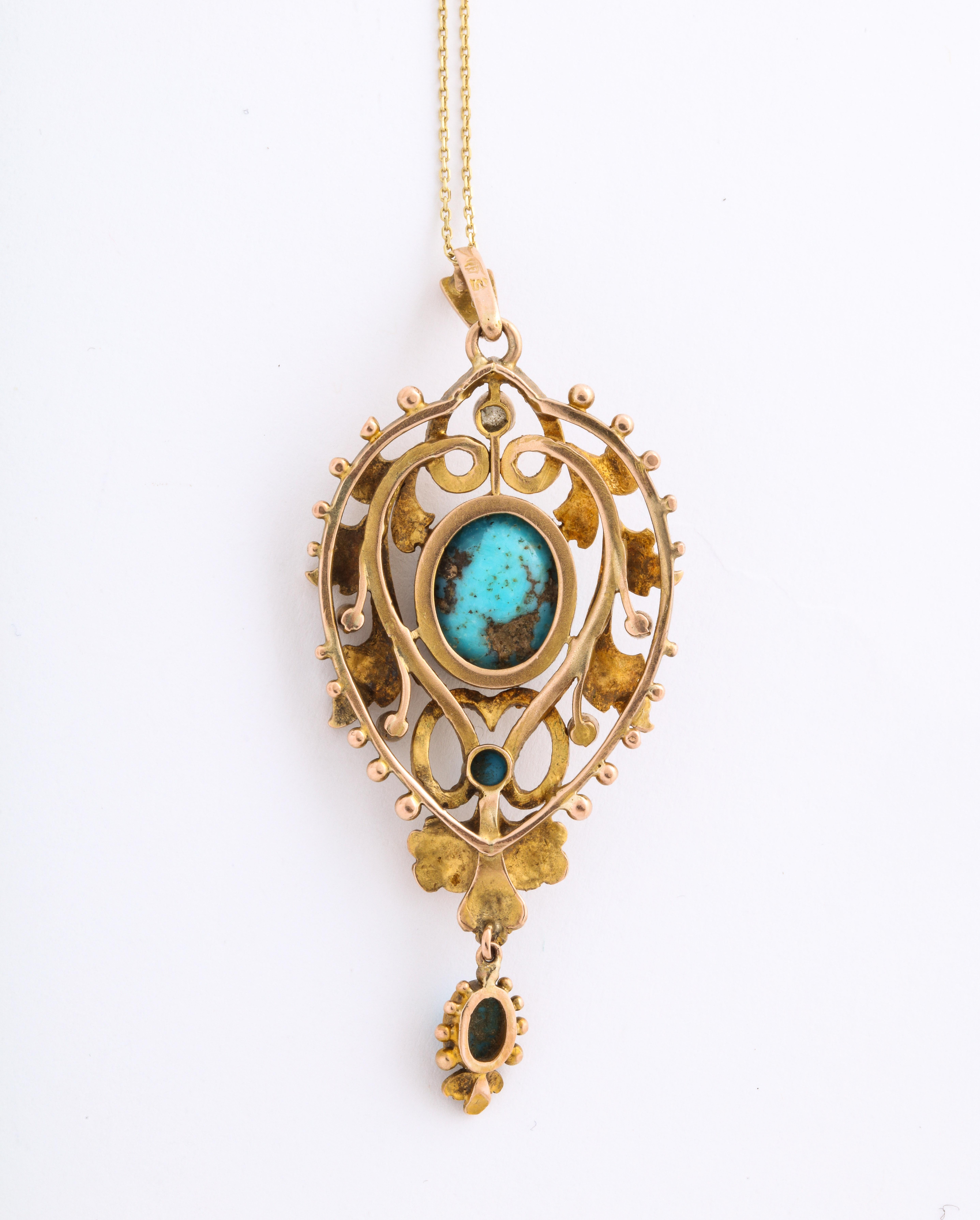 Mixed Cut Art Nouveau Gold Turquoise and Diamond Necklace For Sale