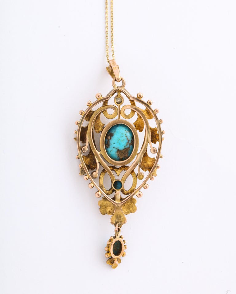 Art Nouveau Gold Turquoise and Diamond Necklace For Sale 1