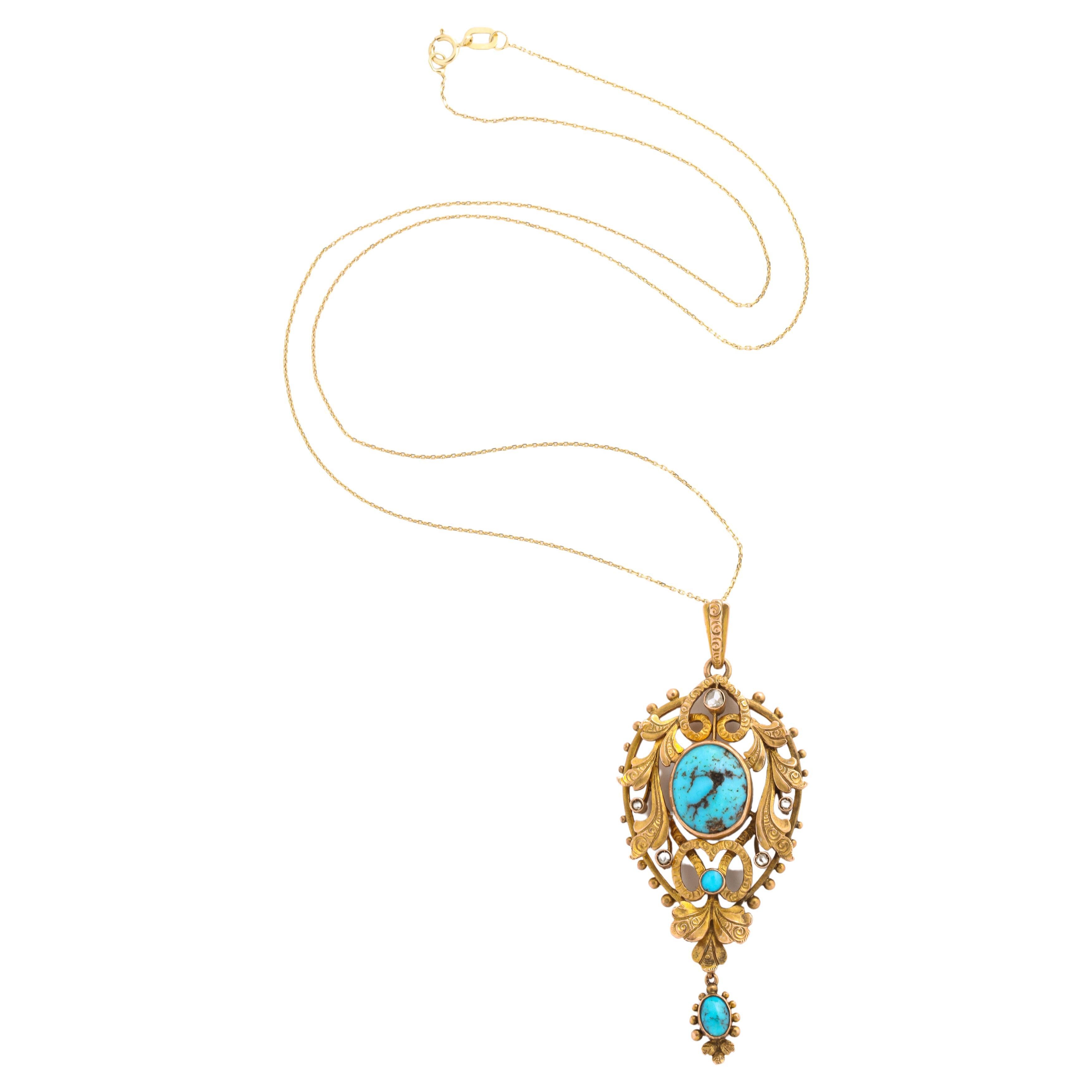 Art Nouveau Gold Turquoise and Diamond Necklace For Sale