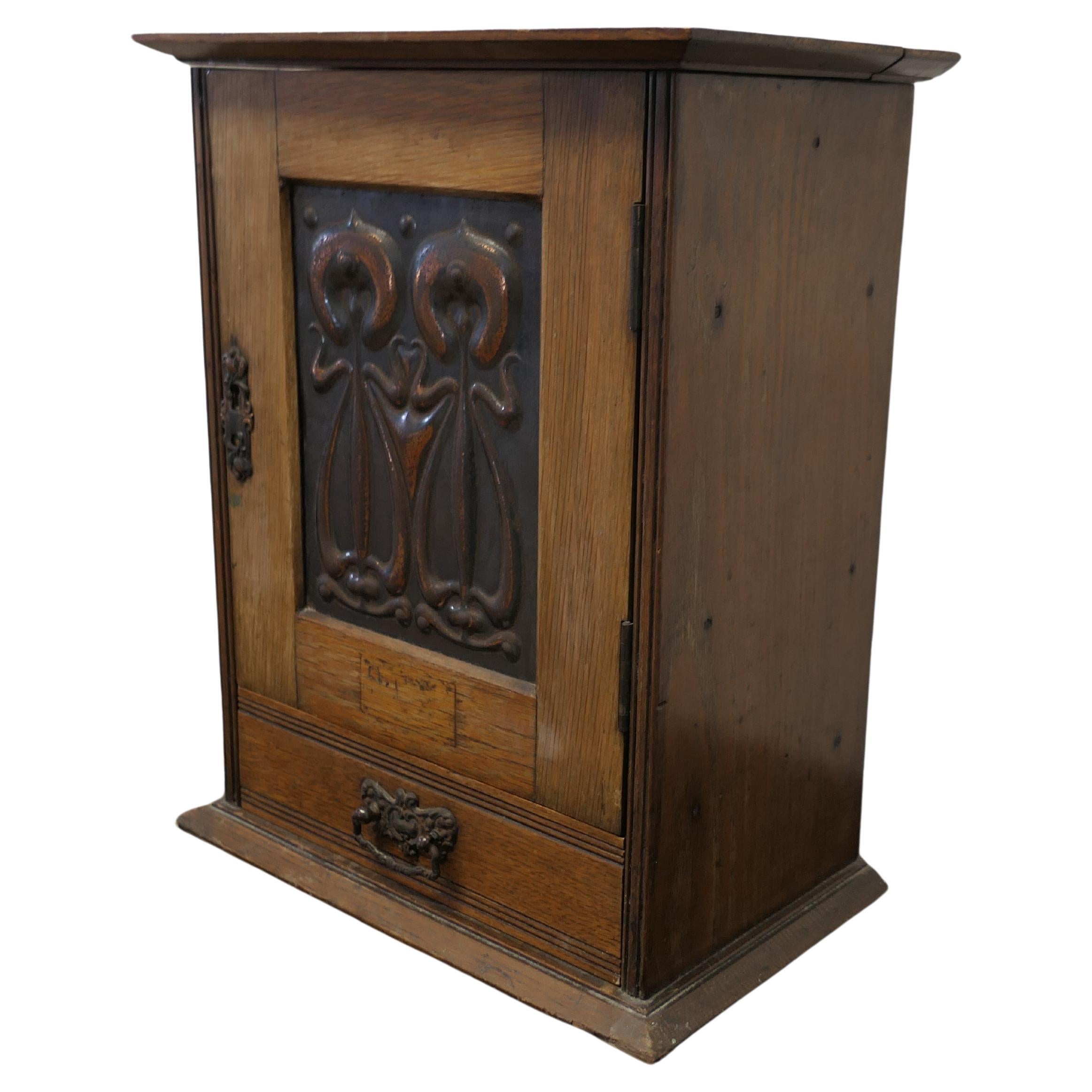 Art Nouveau Golden Oak and Copper Smokers Cabinet  A delightful piece, the cabin For Sale