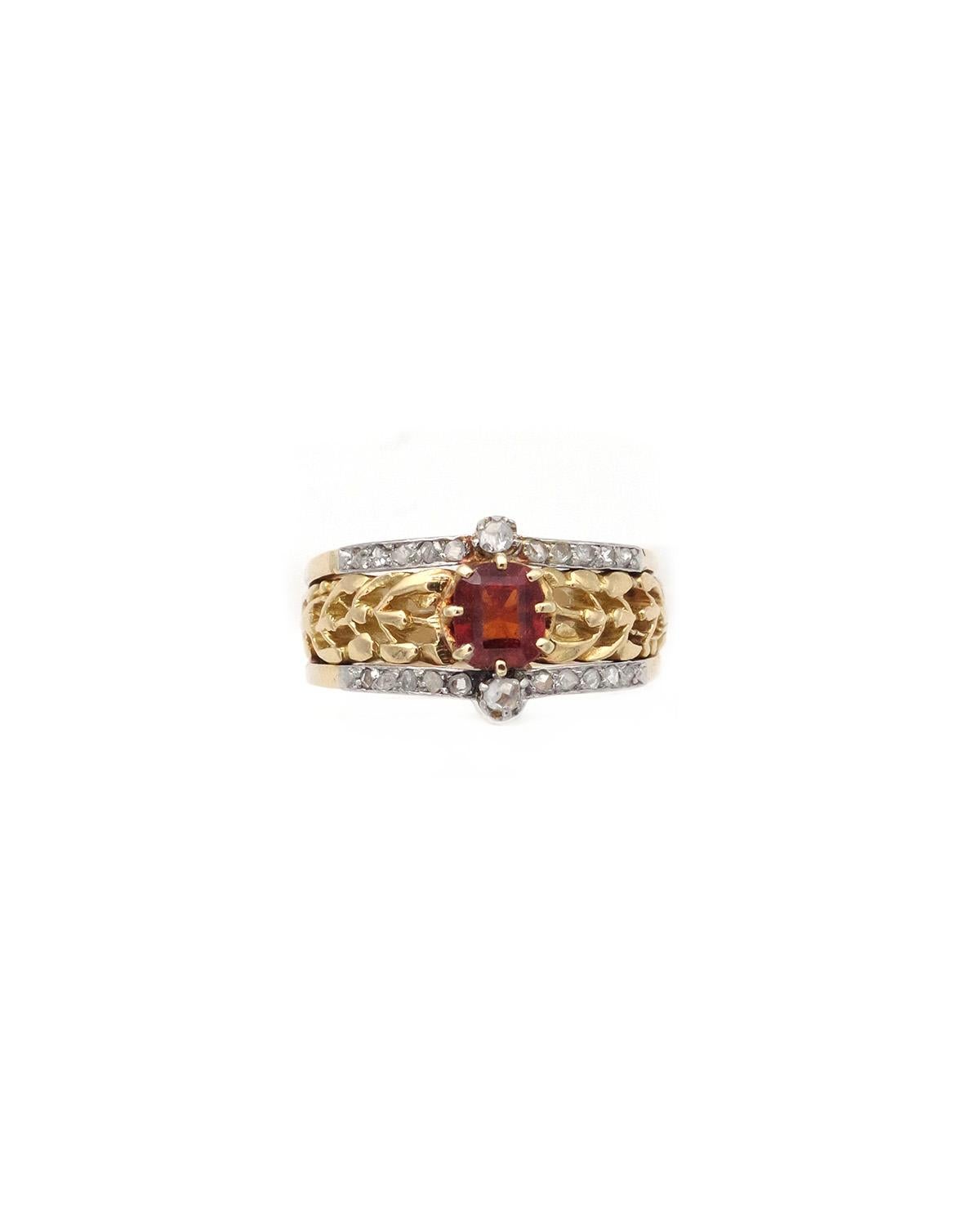 Anello con granato vischio golfistico in stile Art Nouveau, anello a fascia in hessonite antico in vendita 4