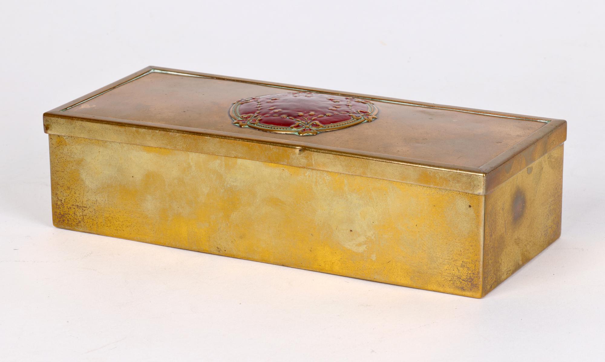 Early 20th Century Art Nouveau Good Quality Enamel Decorated Brass Box For Sale