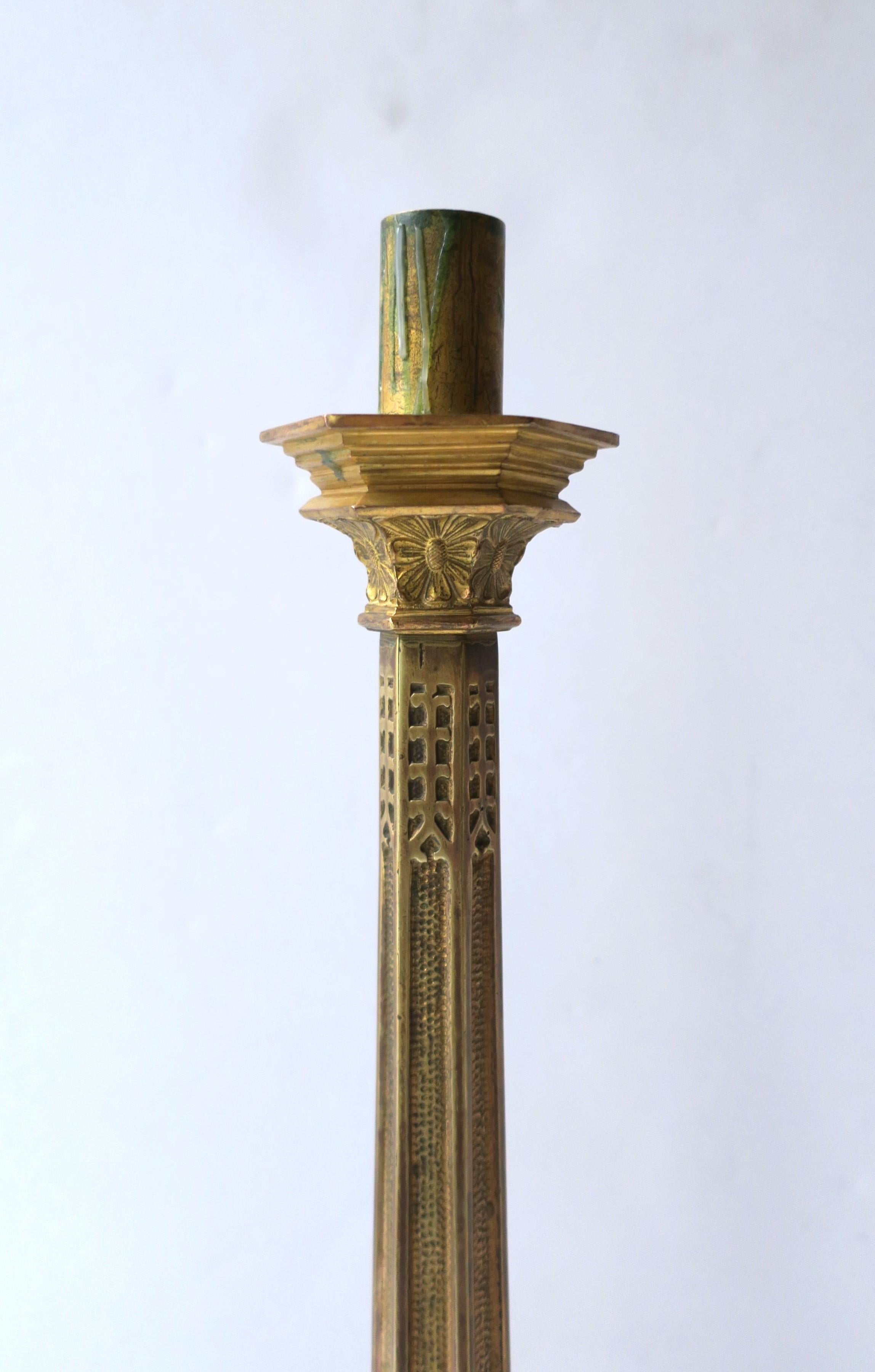 Art Nouveau Gothic Brass Candlesticks Holders Tall, Pair 5