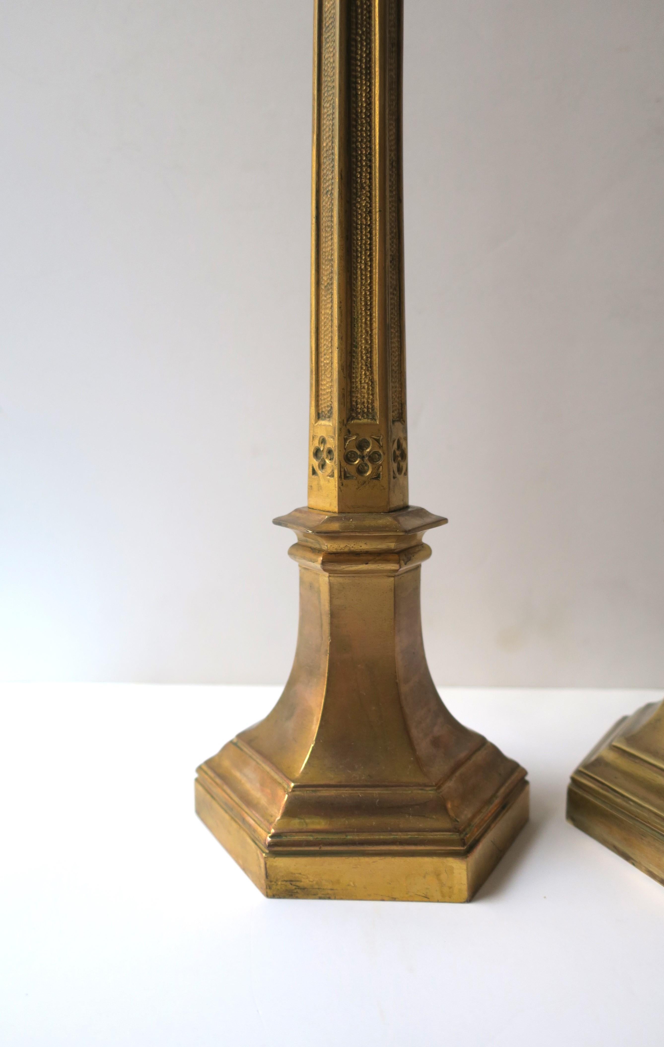 Art Nouveau Gothic Brass Candlesticks Holders Tall, Pair 8