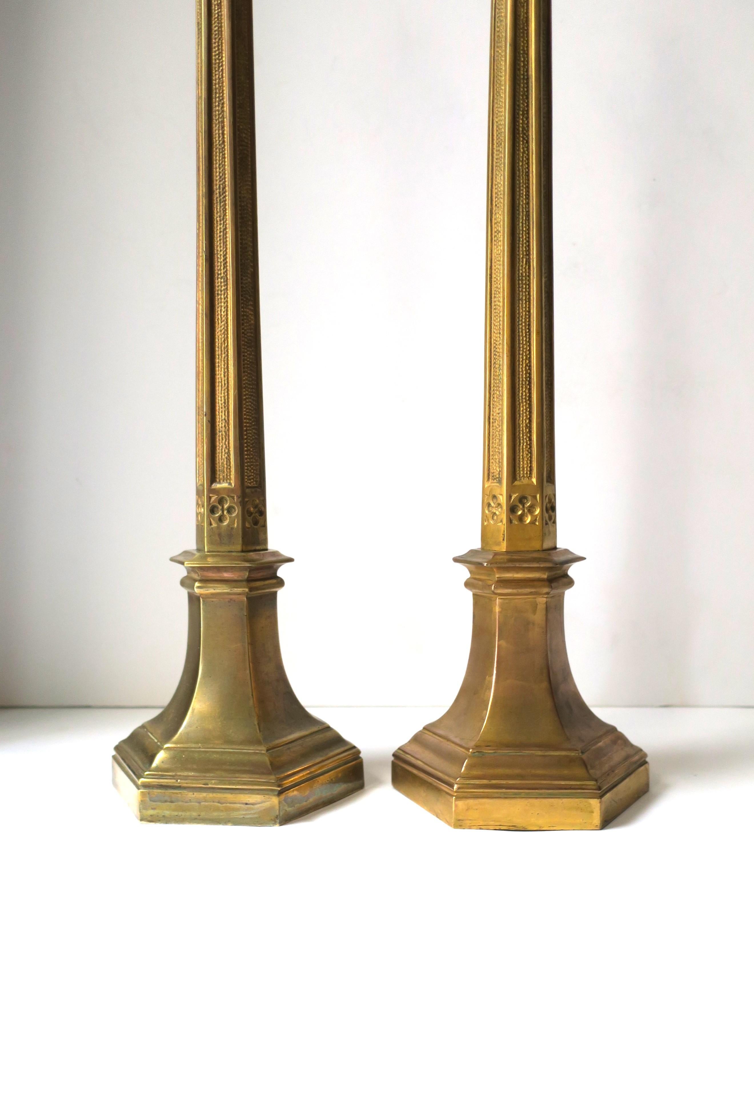 Art Nouveau Gothic Brass Candlesticks Holders Tall, Pair 9