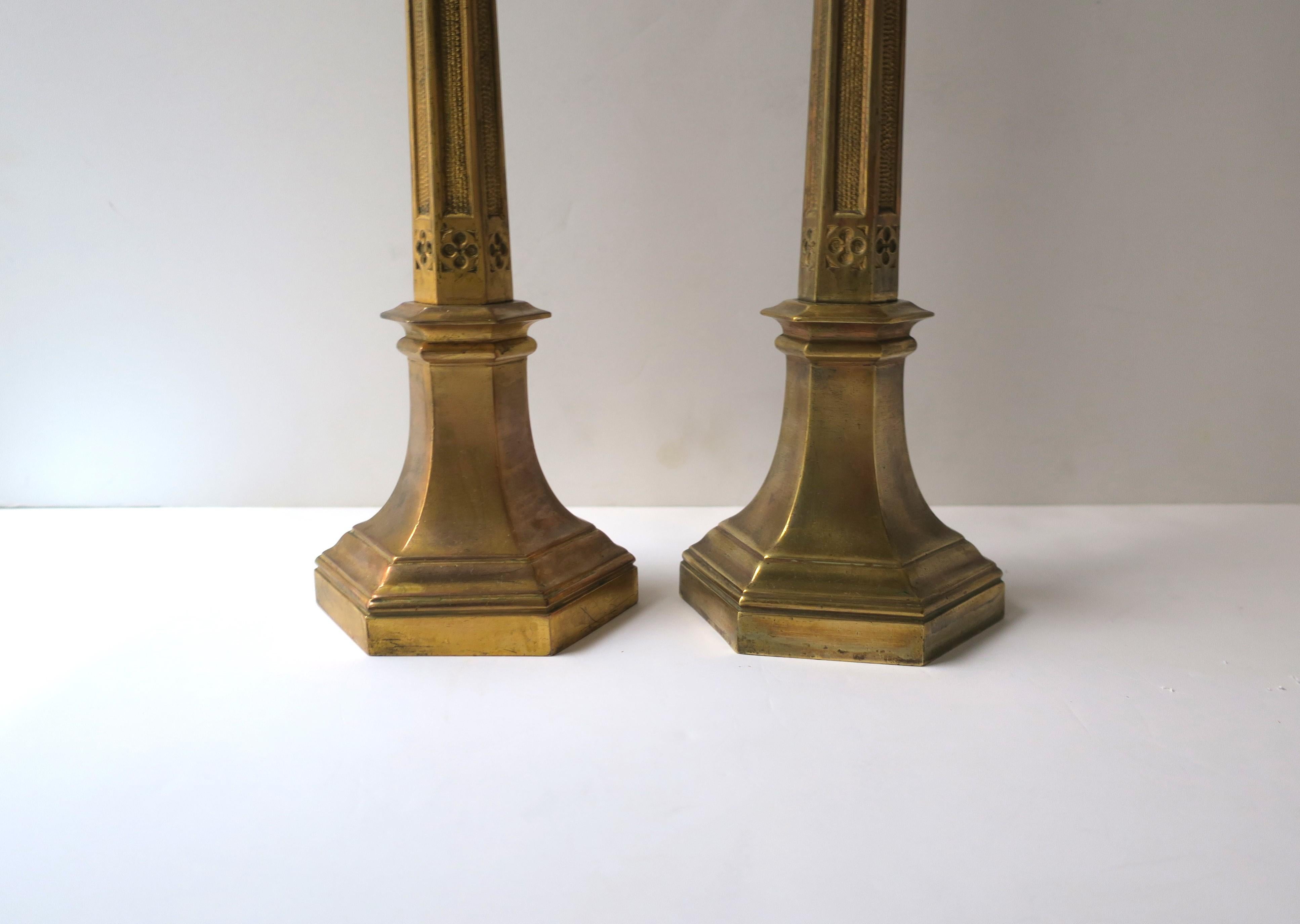 Art Nouveau Gothic Brass Candlesticks Holders Tall, Pair 10