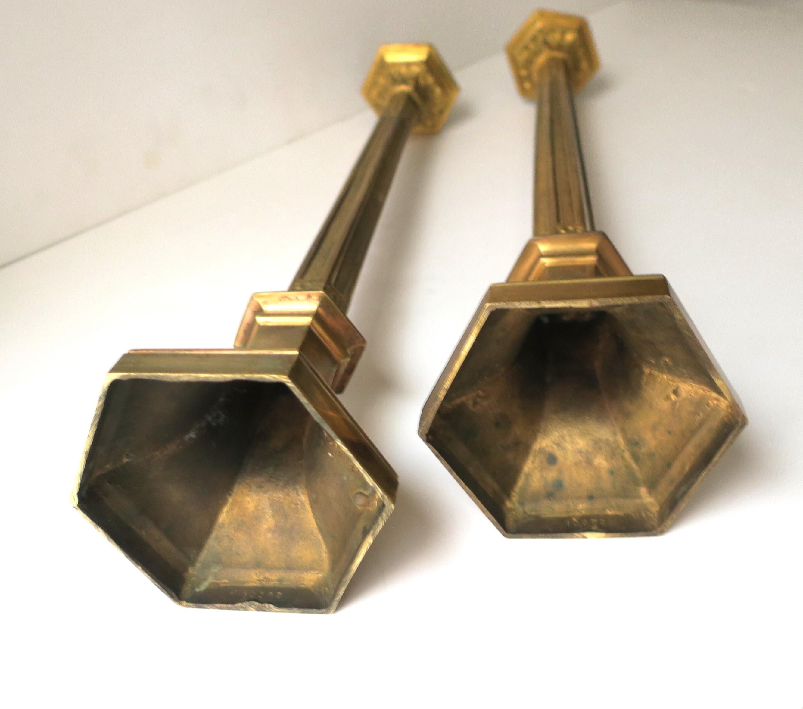 Art Nouveau Gothic Brass Candlesticks Holders Tall, Pair 11