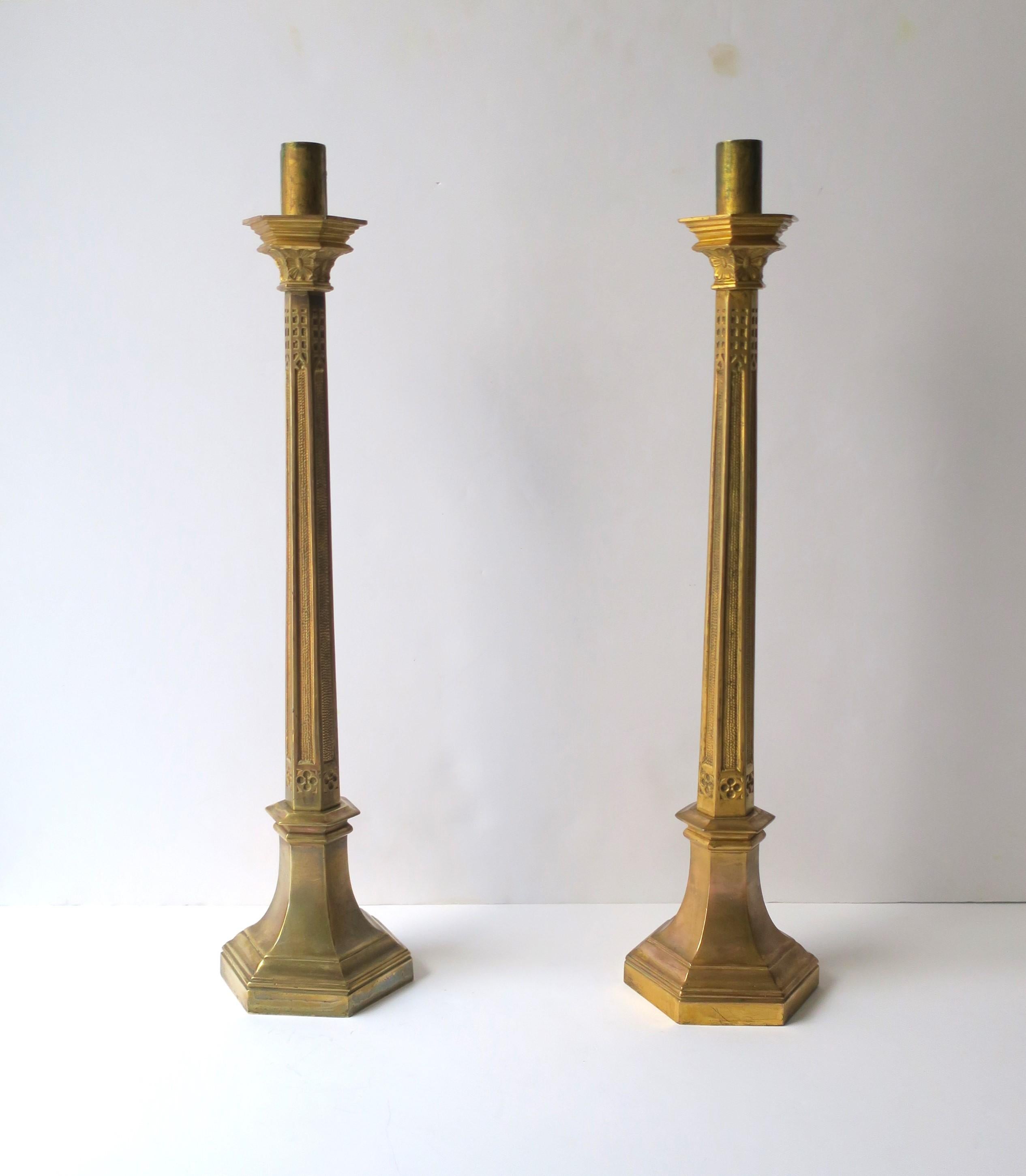 Unknown Art Nouveau Gothic Brass Candlesticks Holders Tall, Pair