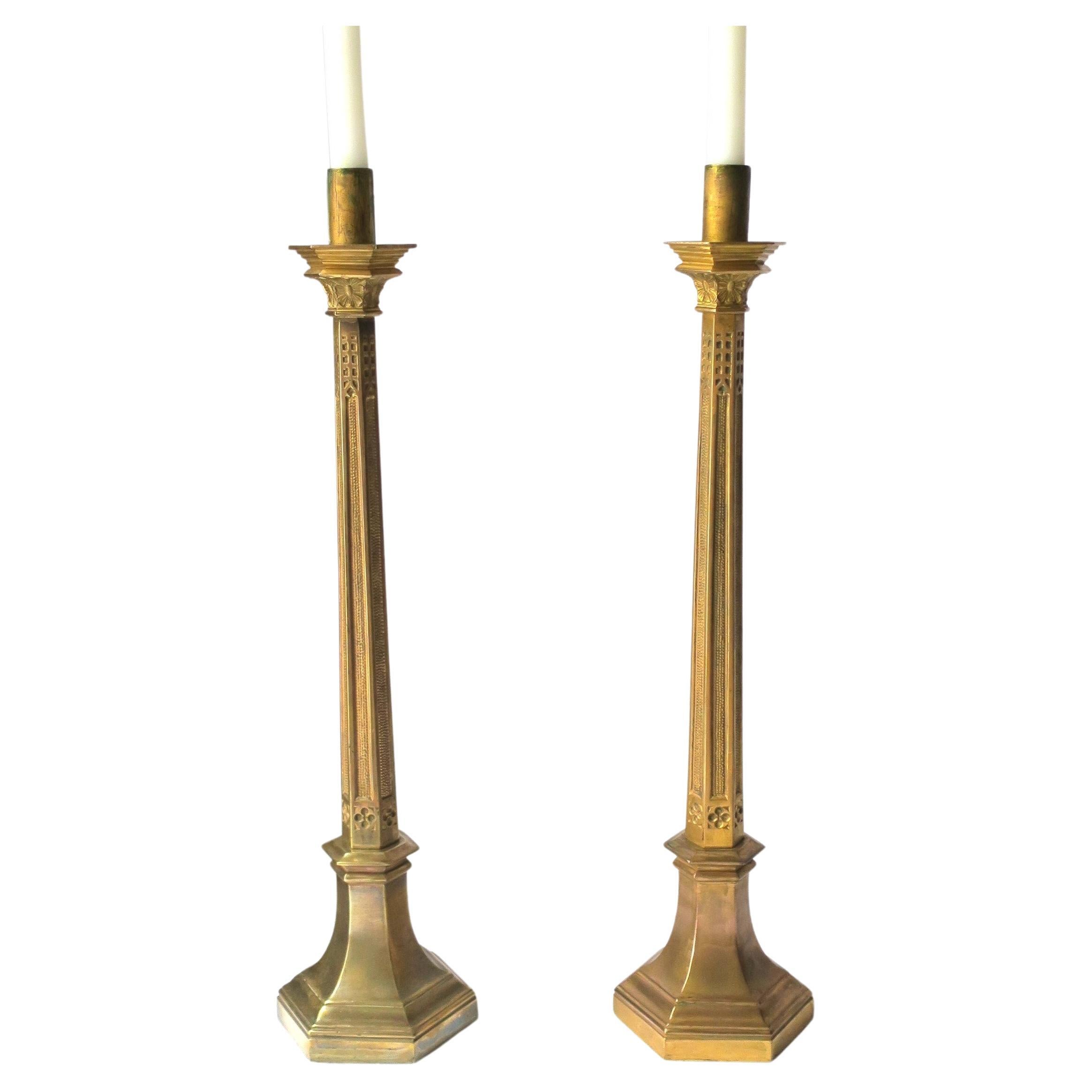 Art Nouveau Gothic Brass Candlesticks Holders Tall, Pair In Good Condition In New York, NY