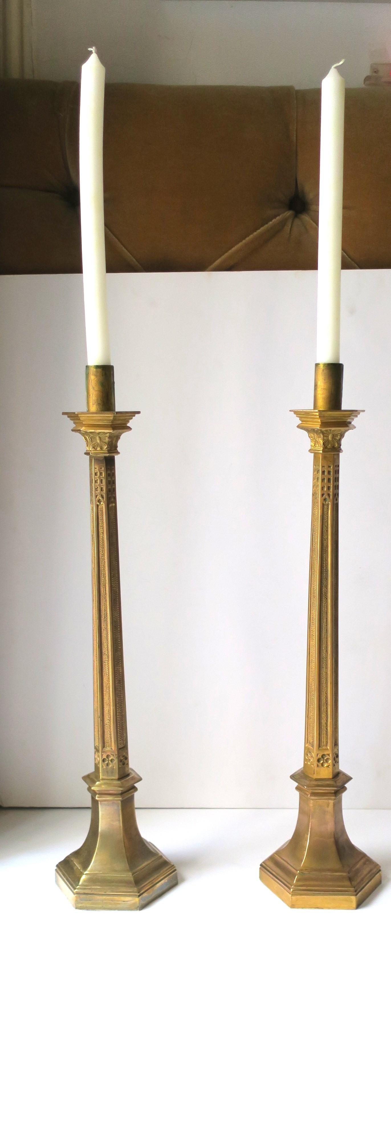 20th Century Art Nouveau Gothic Brass Candlesticks Holders Tall, Pair