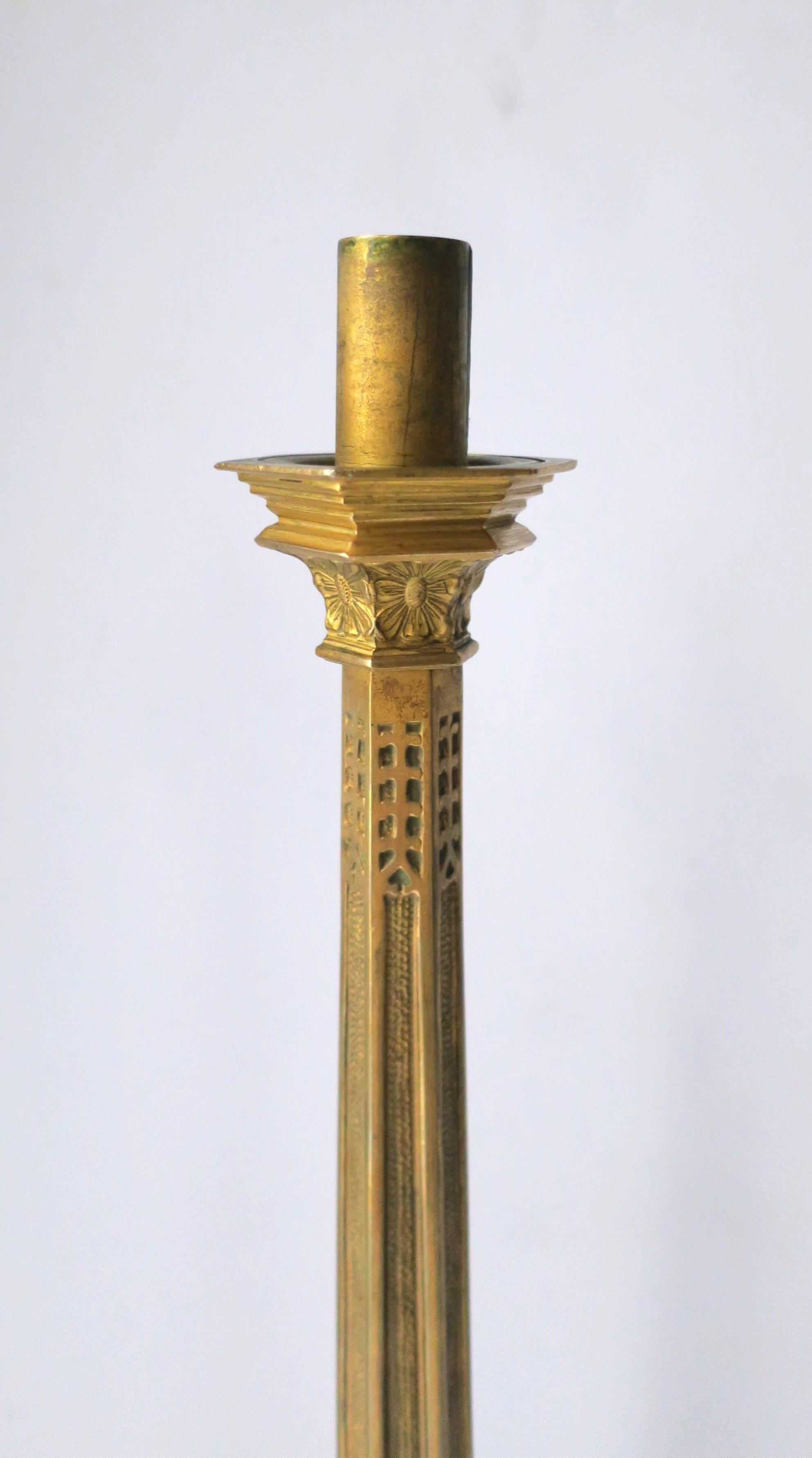 Art Nouveau Gothic Brass Candlesticks Holders Tall, Pair 3