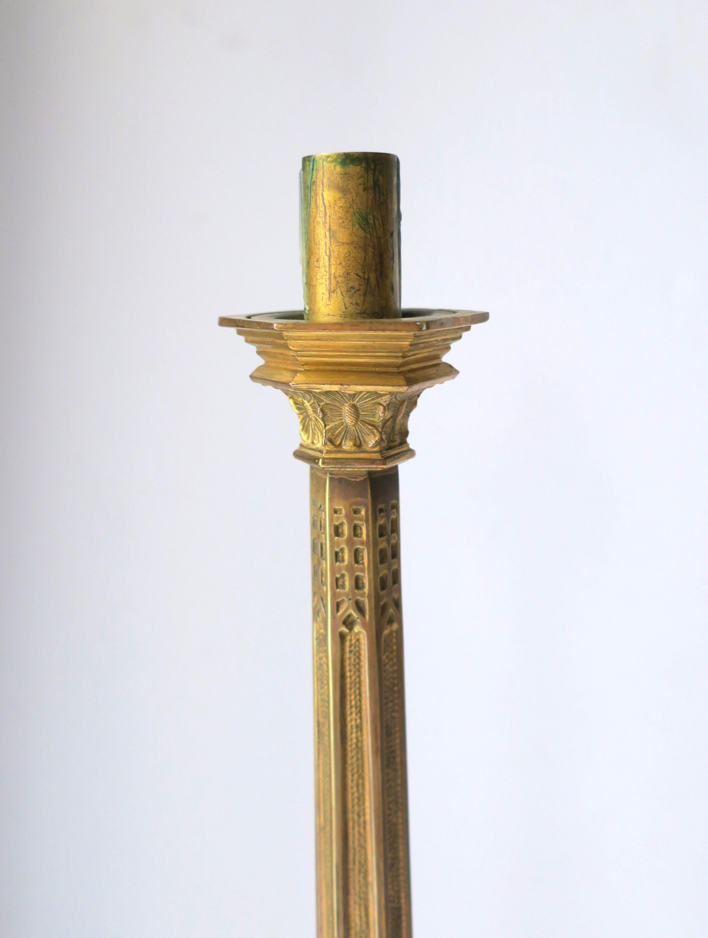 Art Nouveau Gothic Brass Candlesticks Holders Tall, Pair 4