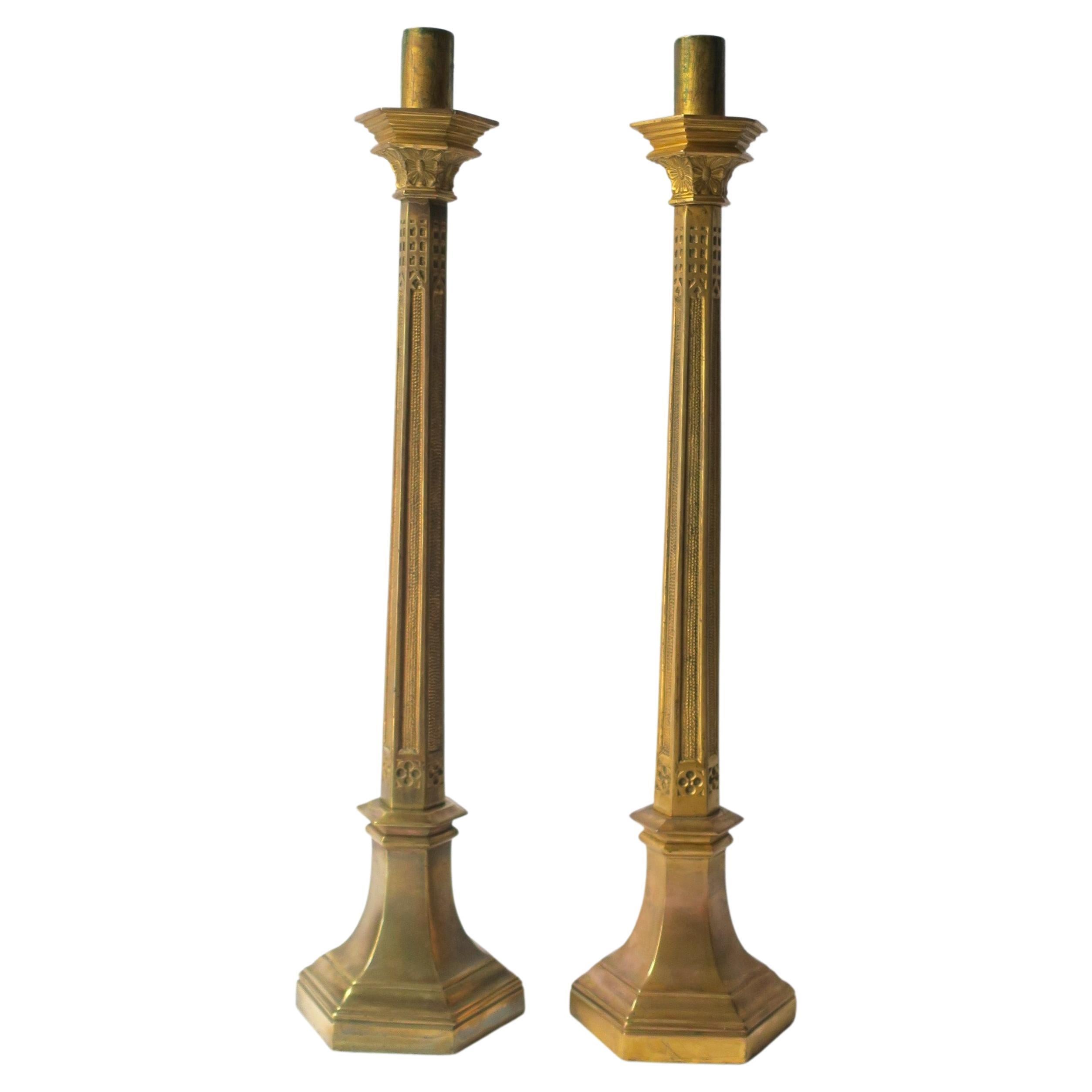Art Nouveau Gothic Brass Candlesticks Holders Tall, Pair