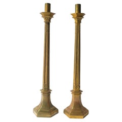 Antique Art Nouveau Gothic Brass Candlesticks Holders Tall, Pair