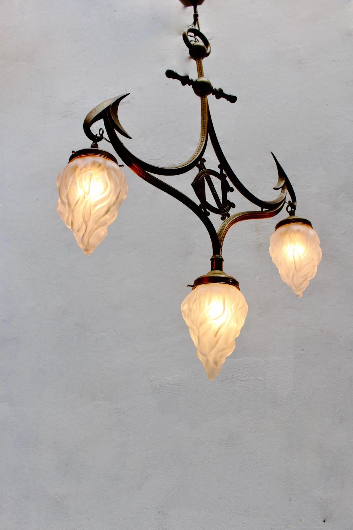 Spanish Art Nouveau Gothic Revival Brass & Glass 3-Light Pendant Lamp, 1910s For Sale
