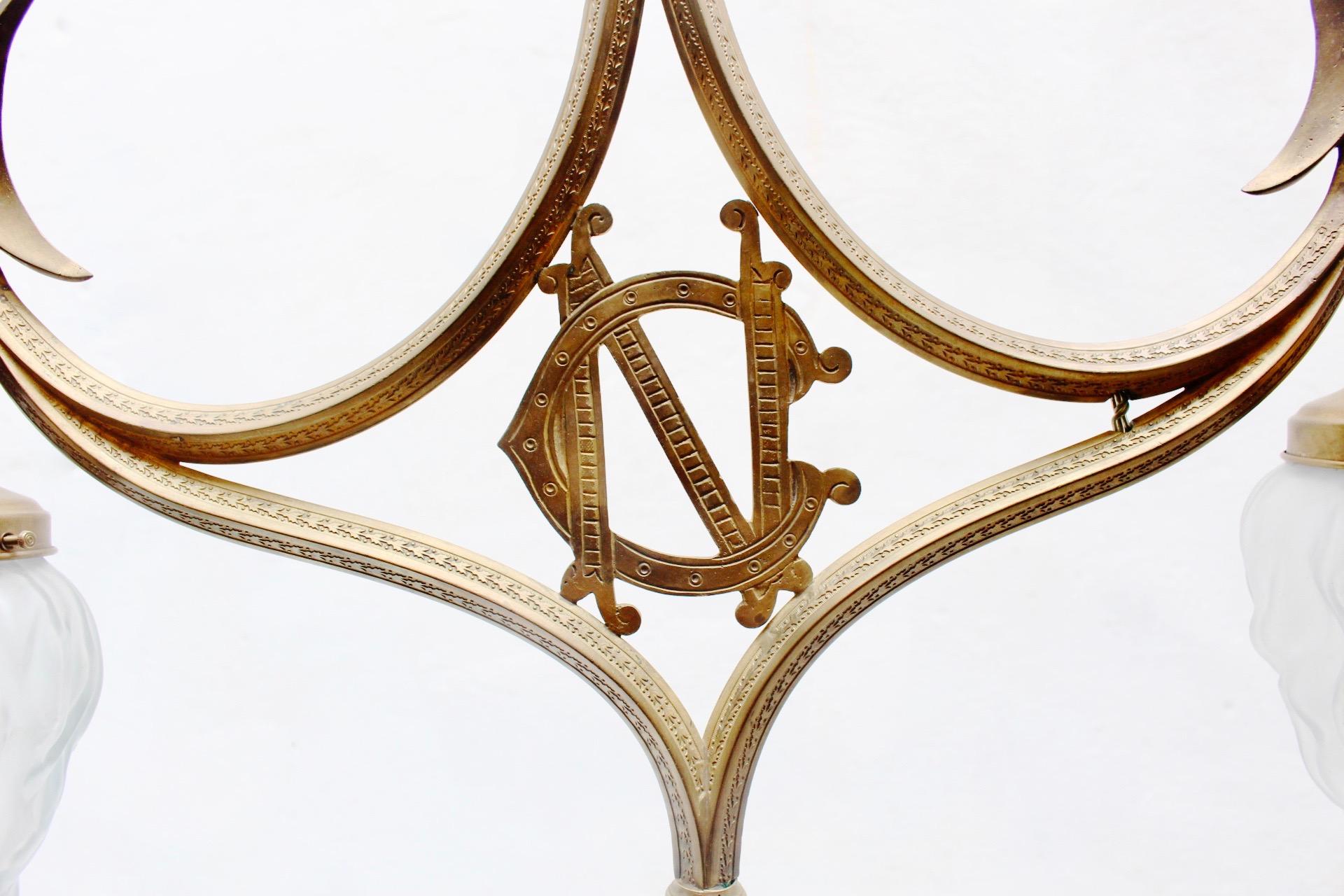 Art Nouveau Gothic Revival Brass & Glass 3-Light Pendant Lamp, 1910s For Sale 1