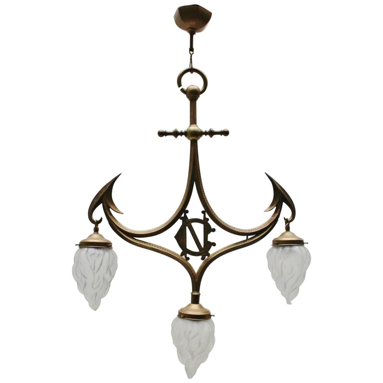 Art Nouveau Gothic Revival Brass & Glass 3-Light Pendant Lamp, 1910s For Sale