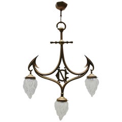 Art Nouveau Gothic Revival Brass & Glass 3-Light Pendant Lamp, 1910s