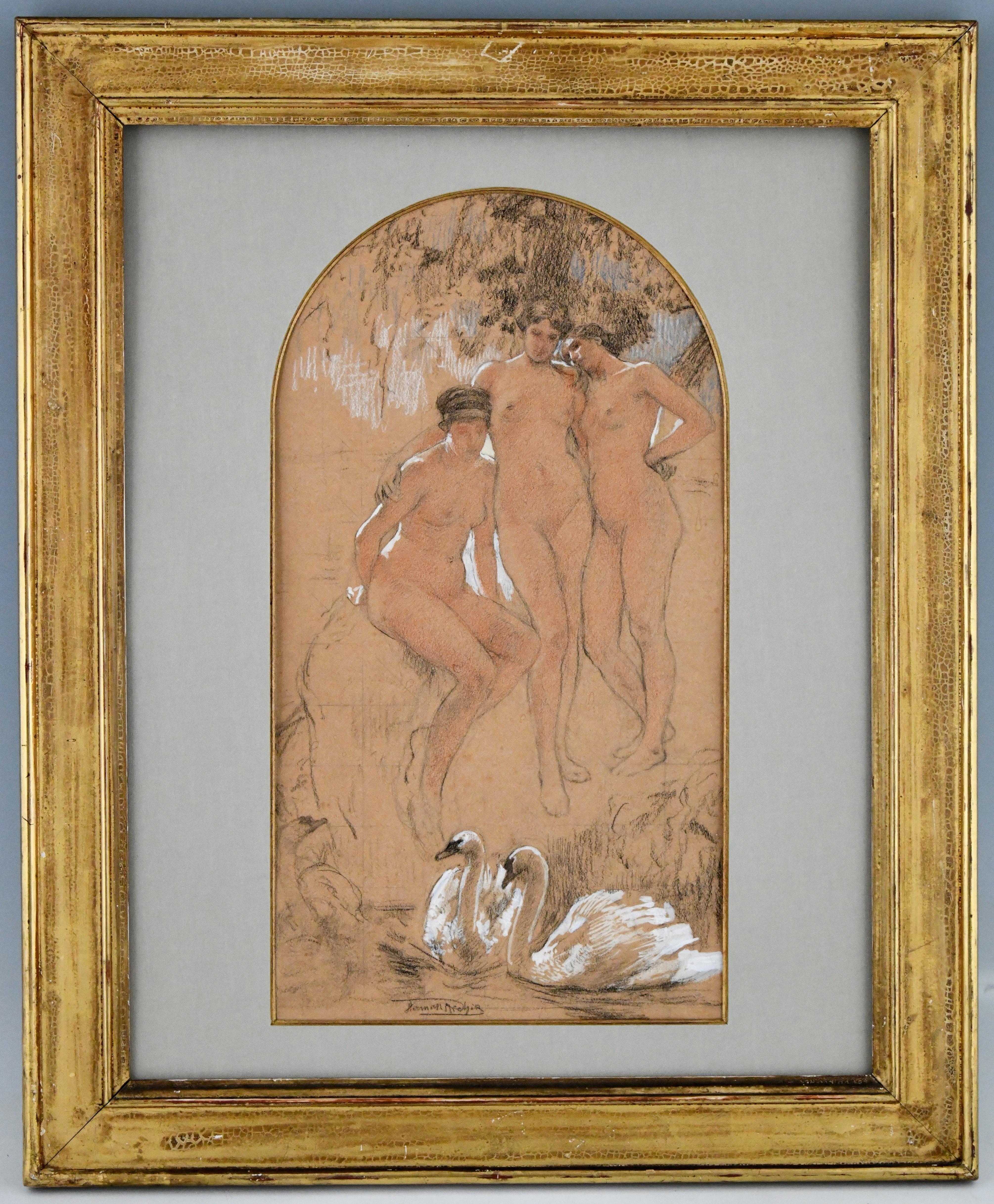 Art Nouveau gouache drawing three graces with swans signed by the Belgian artist Herman Richir. 1866-1942. The work has an antique gilt wood frame. Dimensions framed: 
L. 52 cm. x H. 64 cm. x W. 2.5 cm. 
L. 20.5 inch. X H. 25.2 inch x W. 1 inch.