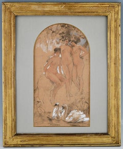 Art Nouveau gouache drawing three graces with swans signed by Herman Richir 1900