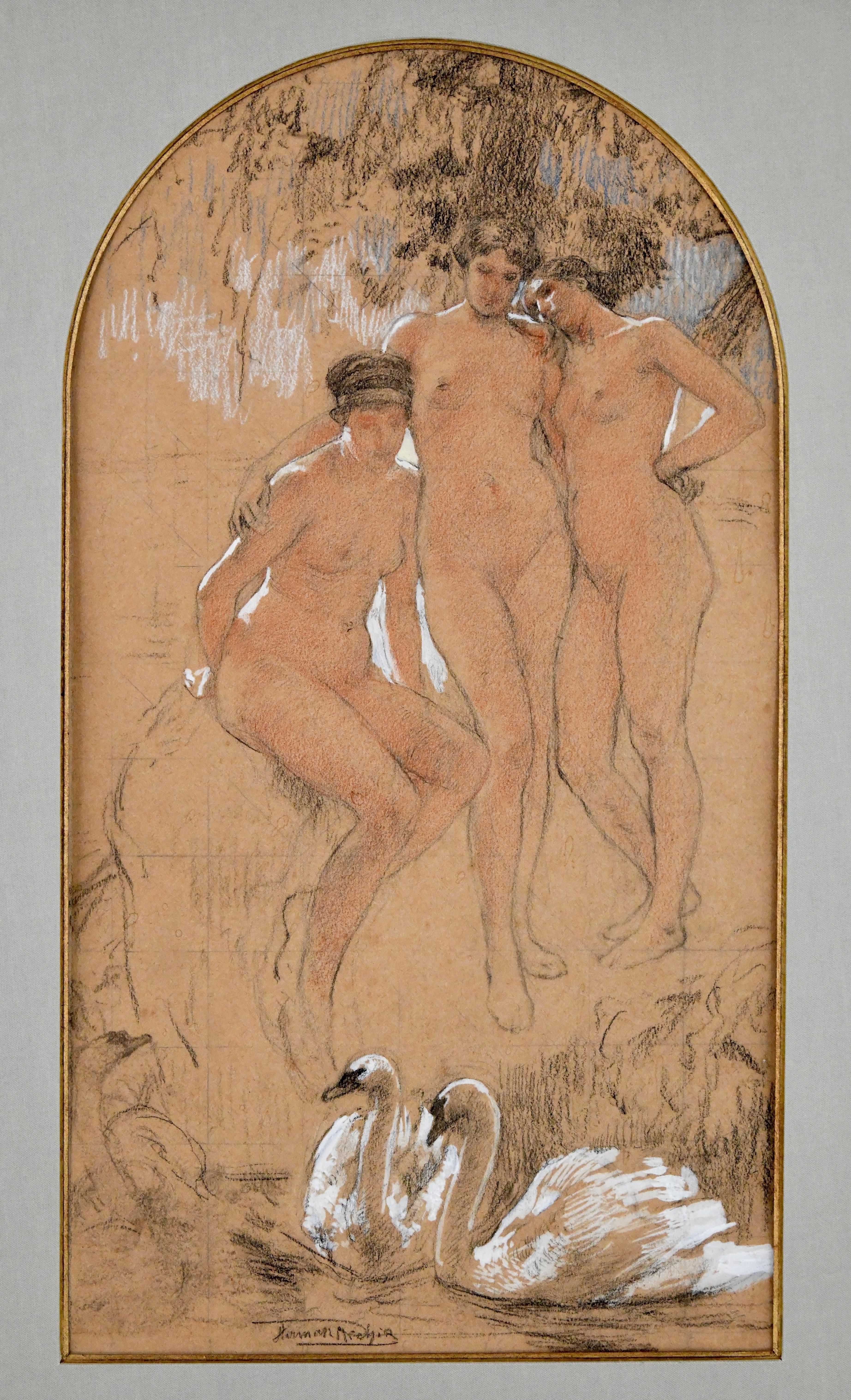 Belgian Art Nouveau gouache drawing three graces with swans signed by Herman Richir 1900