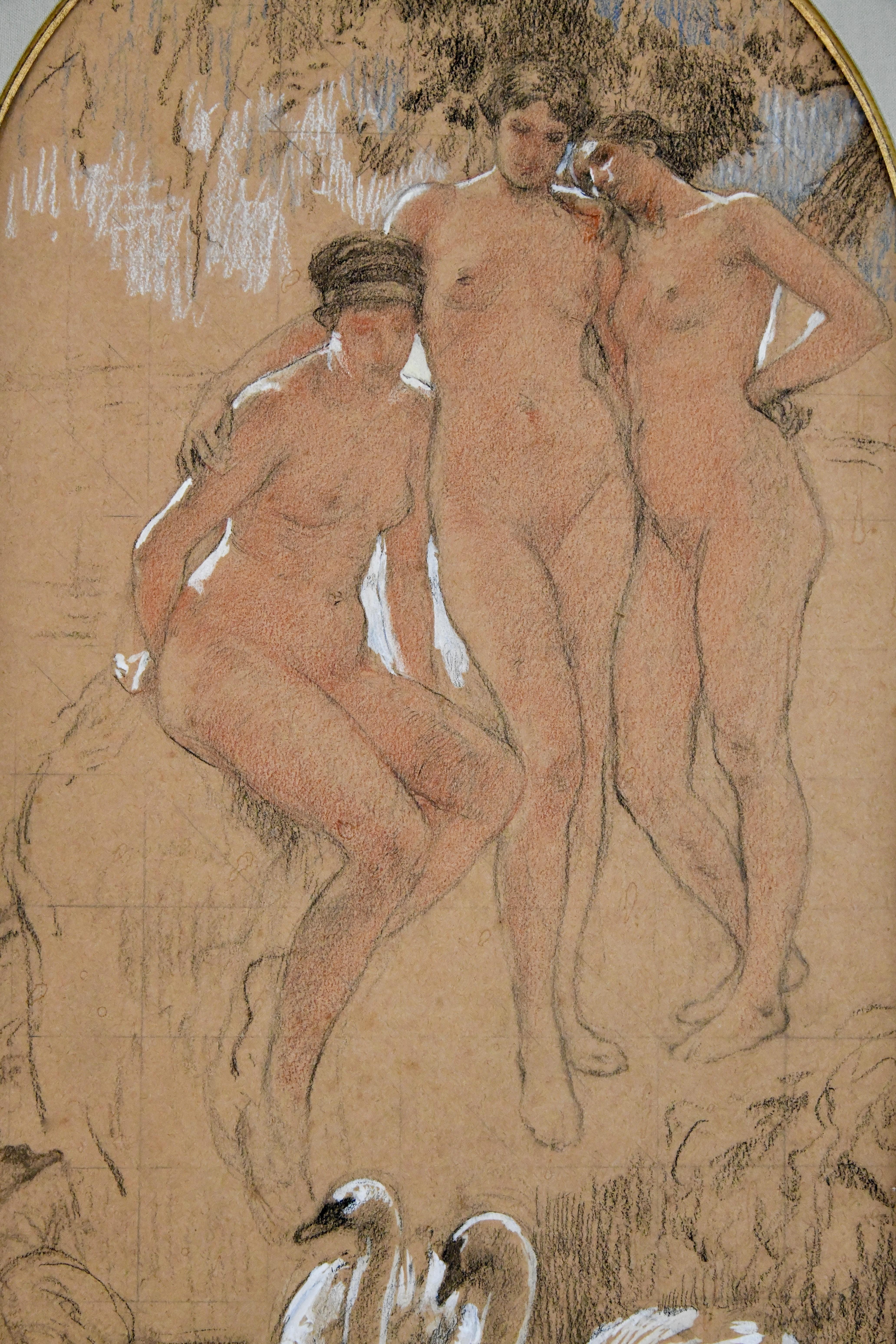 Art Nouveau gouache drawing three graces with swans signed by Herman Richir 1900 In Good Condition In Antwerp, BE