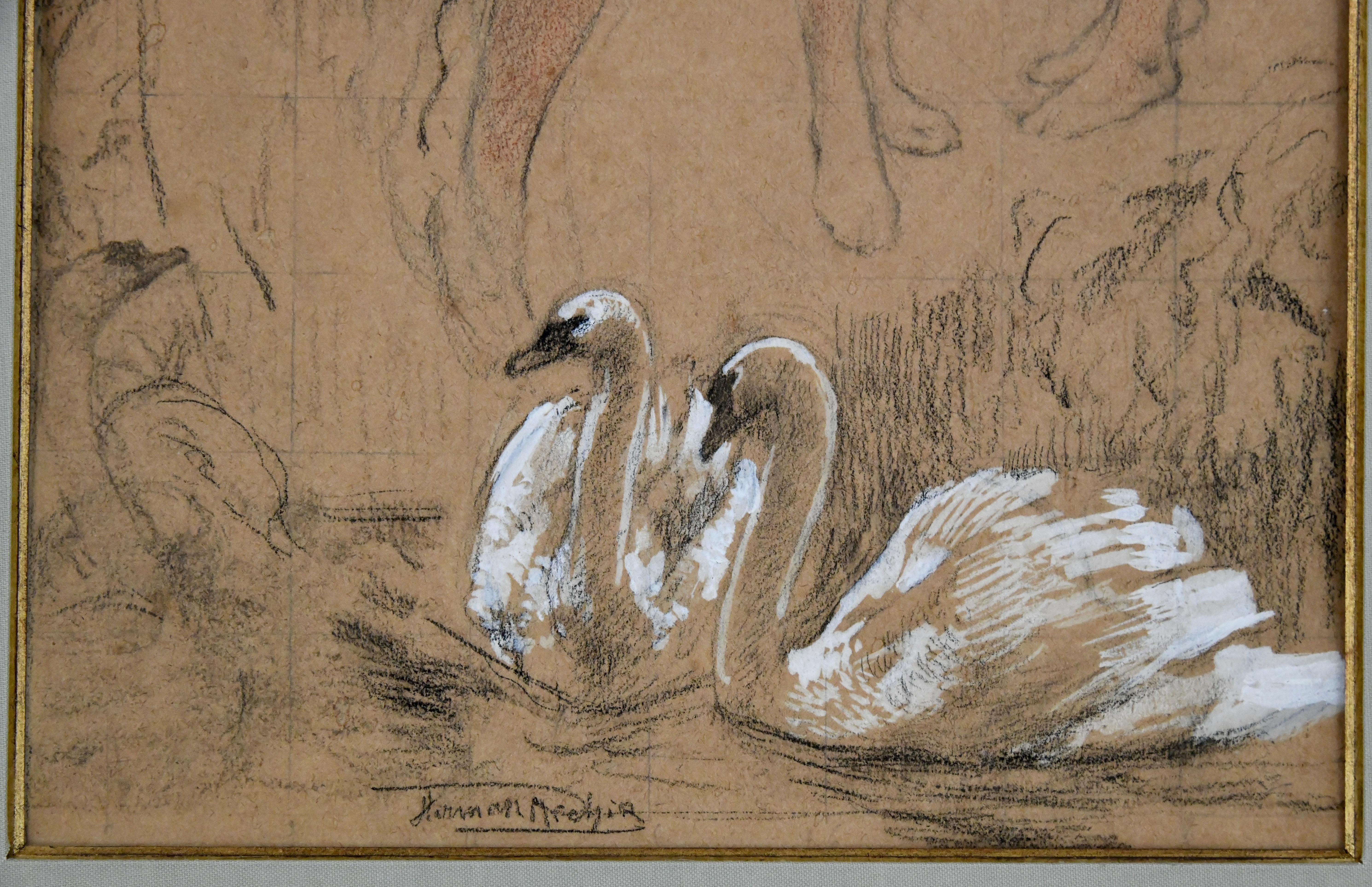 20th Century Art Nouveau gouache drawing three graces with swans signed by Herman Richir 1900