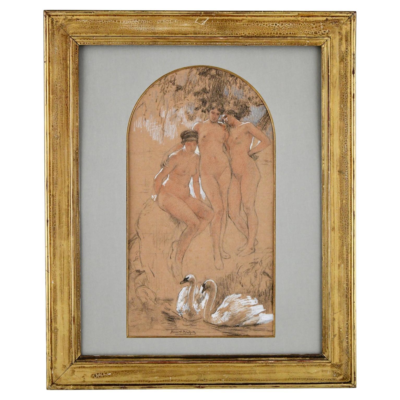Art Nouveau gouache drawing three graces with swans signed by Herman Richir 1900