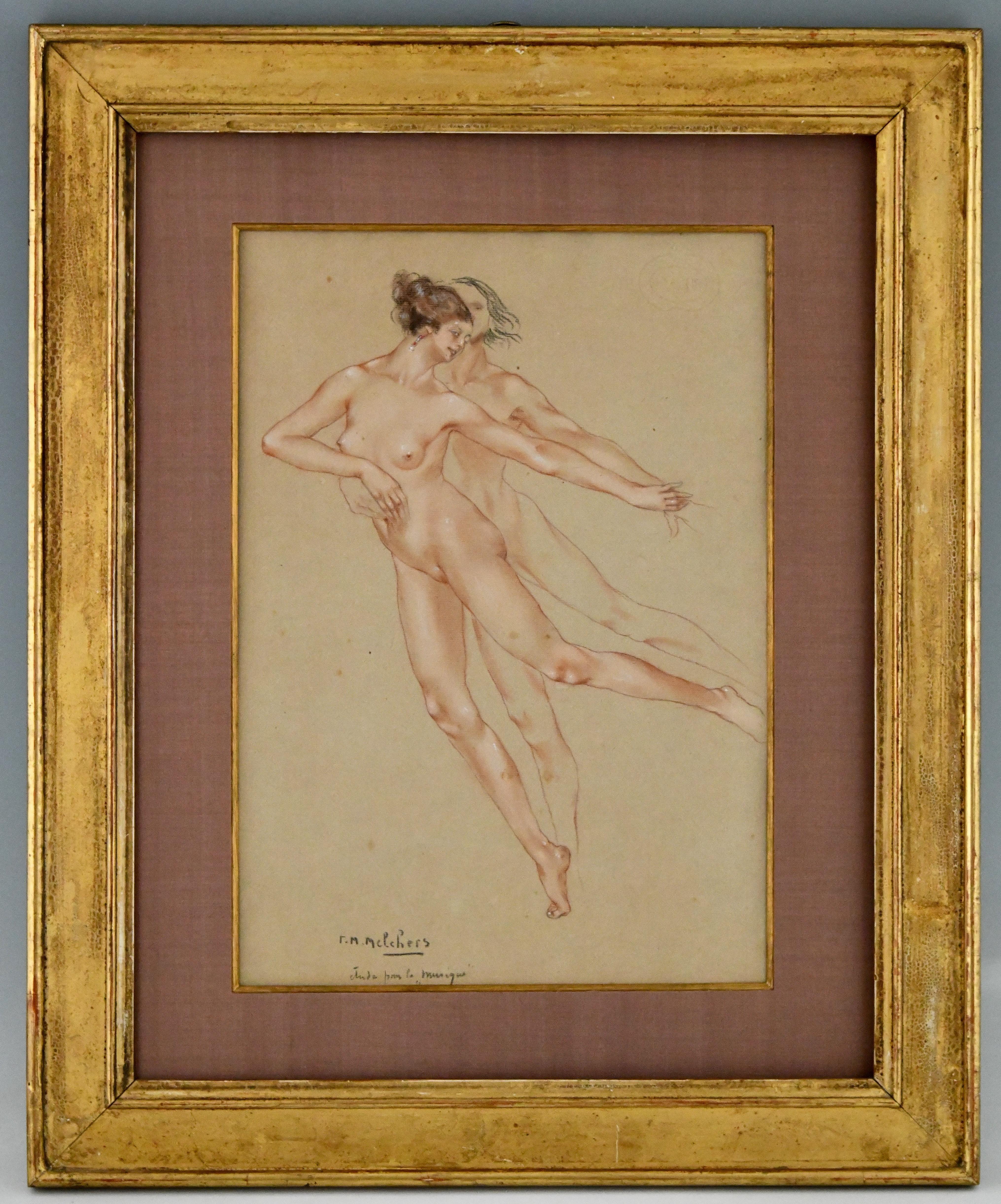 Paper Art Nouveau Gouache Drawing Two Nude Dancers by Franz Melchers