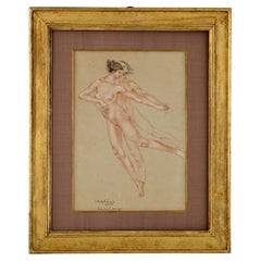 Art Nouveau Gouache Drawing Two Nude Dancers by Franz Melchers